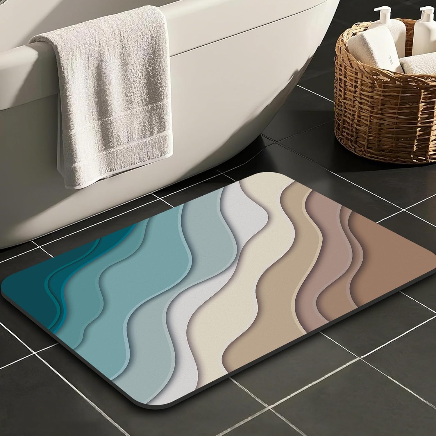 Teal Blue Geometric Bath Rug - Non Slip Quick Dry 16x24