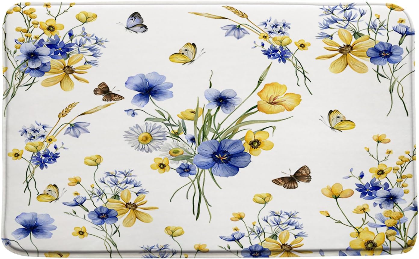 Yellow Blue Flower Bath Mat 16x24 Inches Rustic