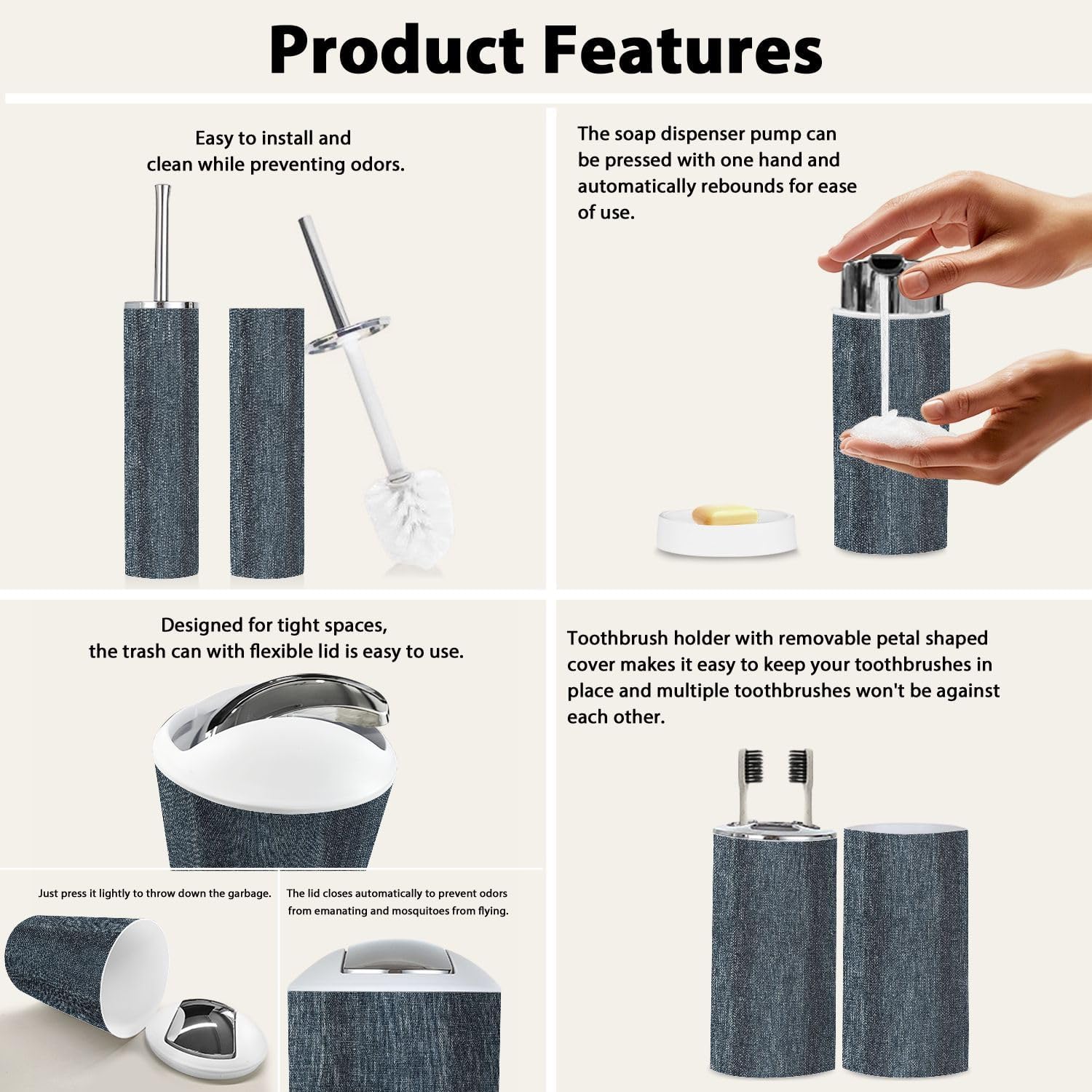 Boho Black Denim Texture Bathroom Accessories Set 6 Piece