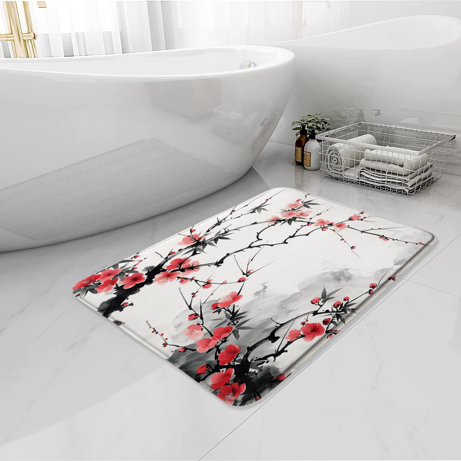Japanese Floral Bath Mat 16X24 Inch Red Cherry Blossom