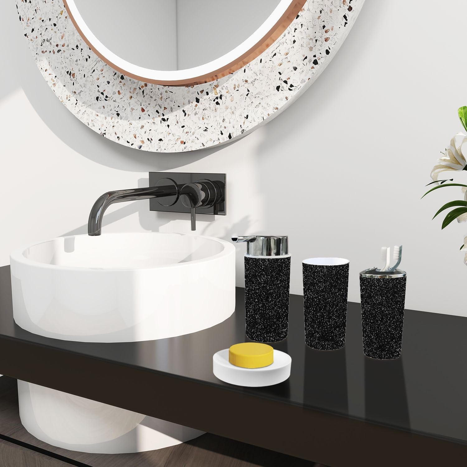 Boho Glittering Black Bathroom Accessory Set of 6