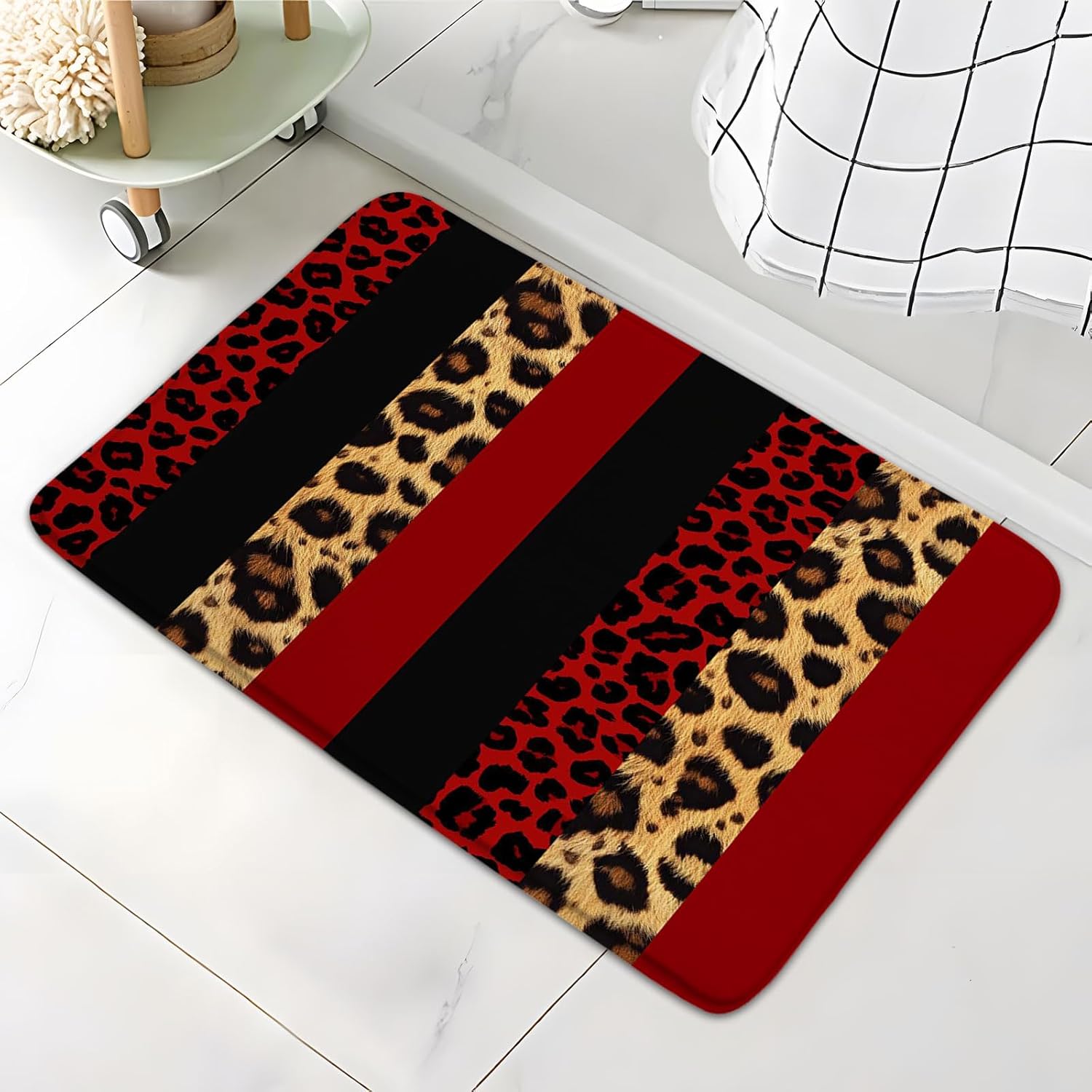 Red Leopard Print Bath Rug with Anti-Slip Backing 1