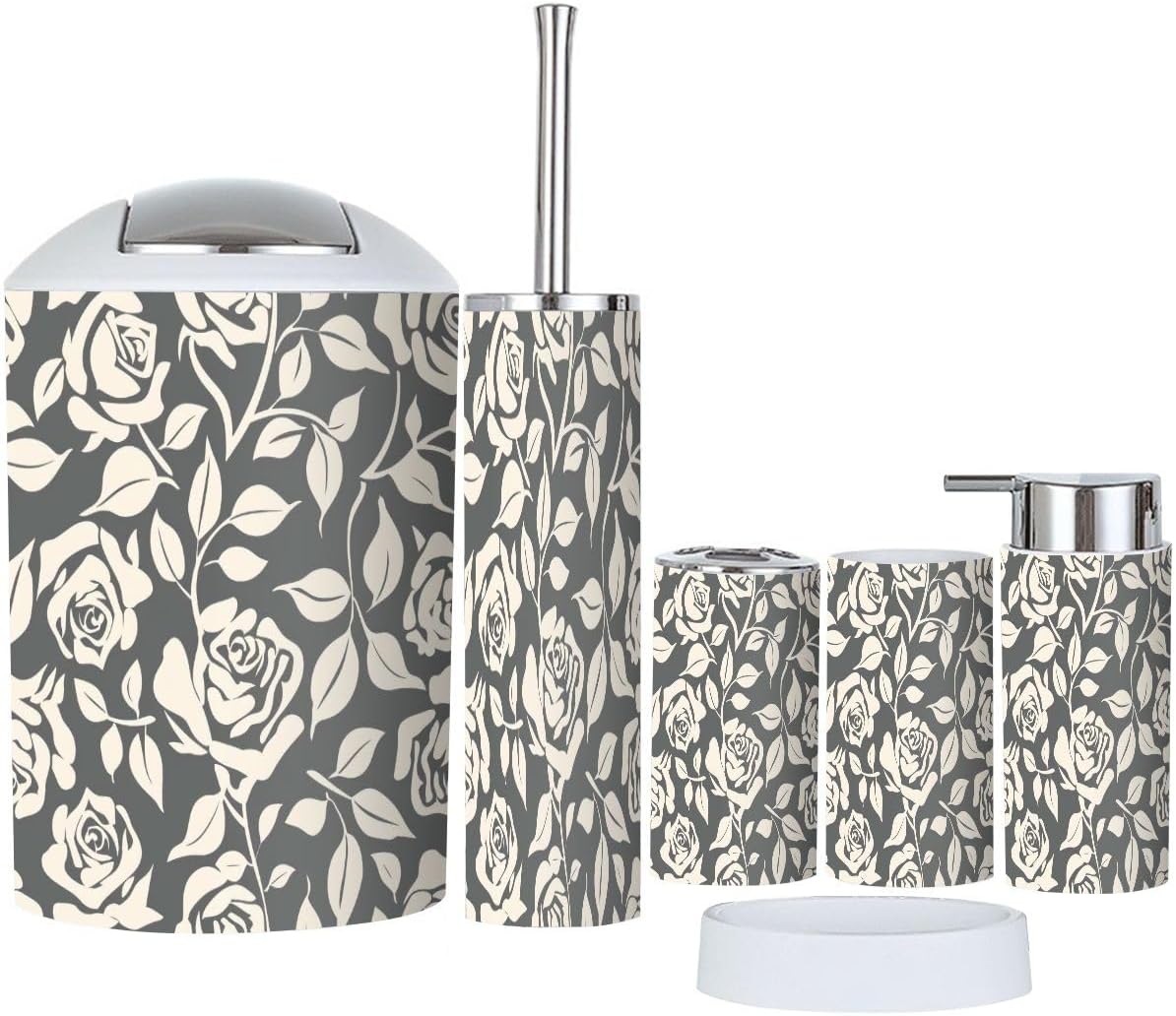 Boho Leaf Pattern Bathroom 6 Piece Accessory Set