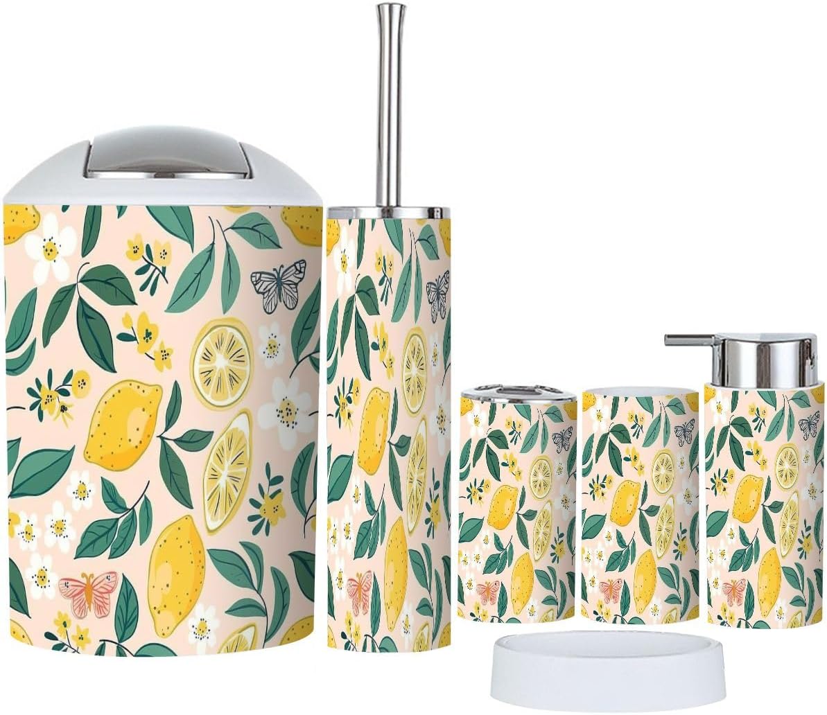 6-Piece Boho Bathroom Accessory Set with Lemons Flowers and Butterflies Design