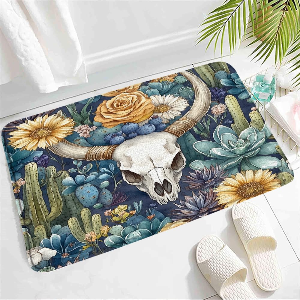Western Bull Skull Bath Mat with Non-Slip Backing