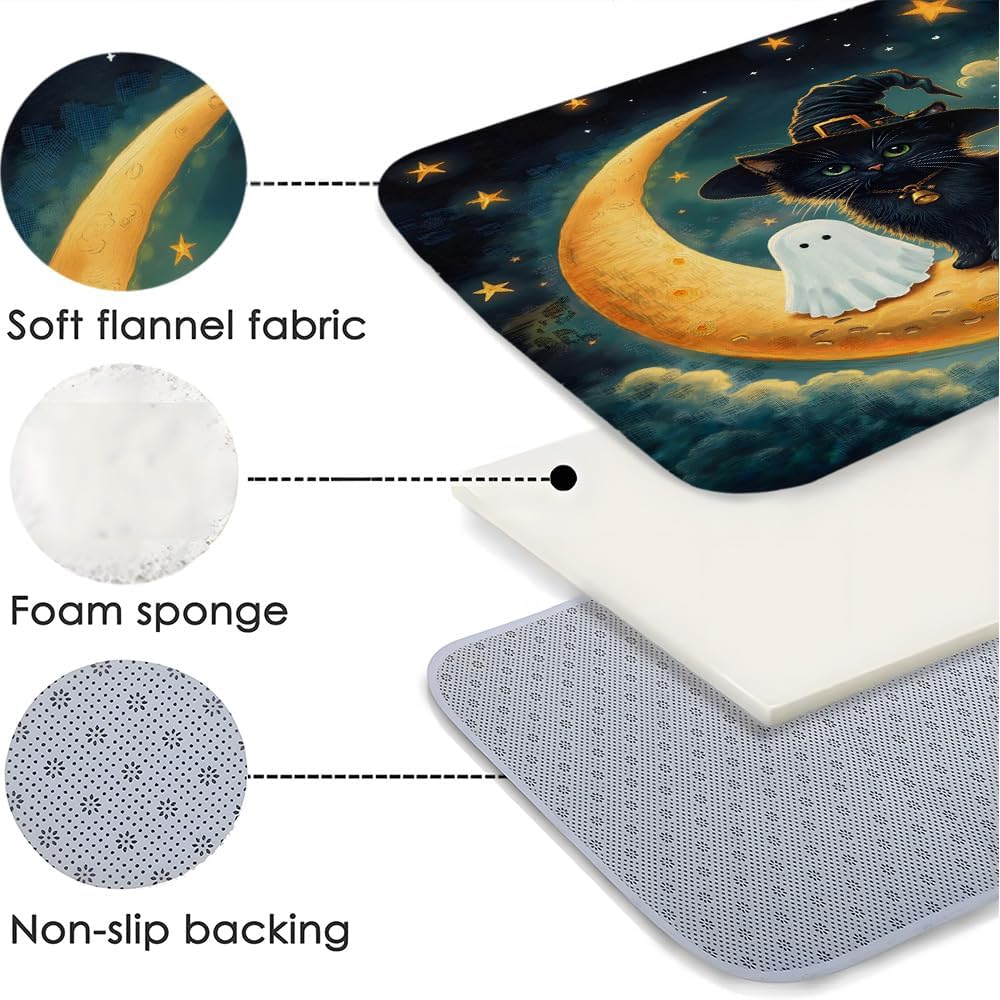 Halloween Witch Cat Bath Mat with Non-Slip Backing