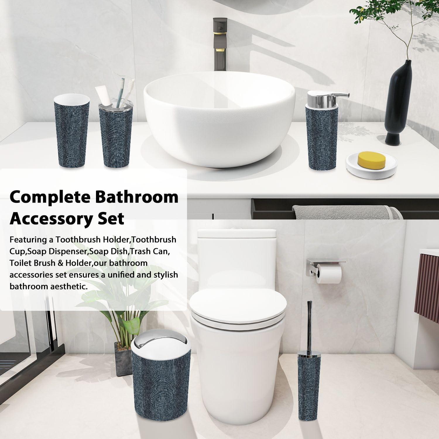 Boho Black Denim Texture Bathroom Accessories Set 6 Piece