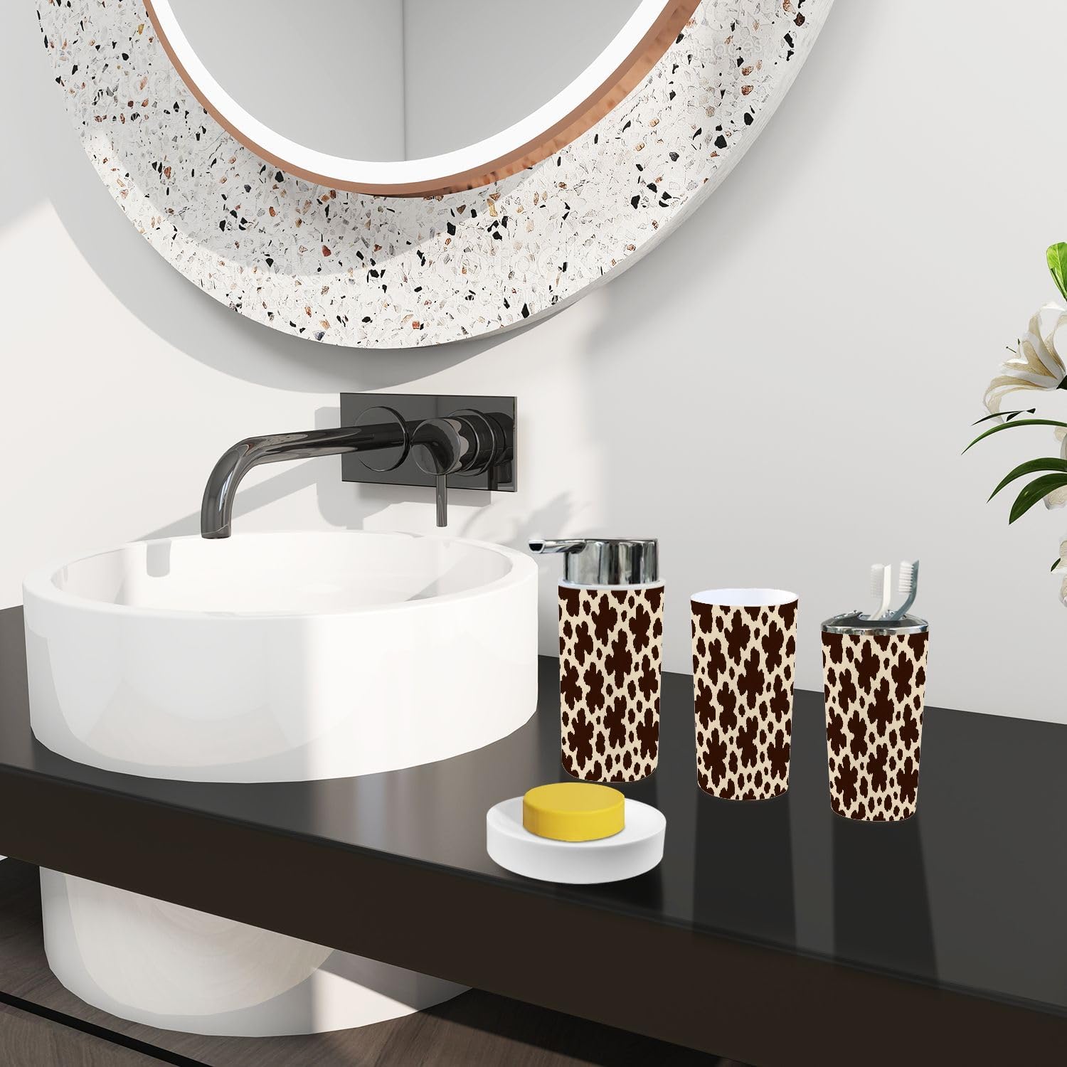 Boho Cow Skin Bathroom Accessory Set 6 Piece 1
