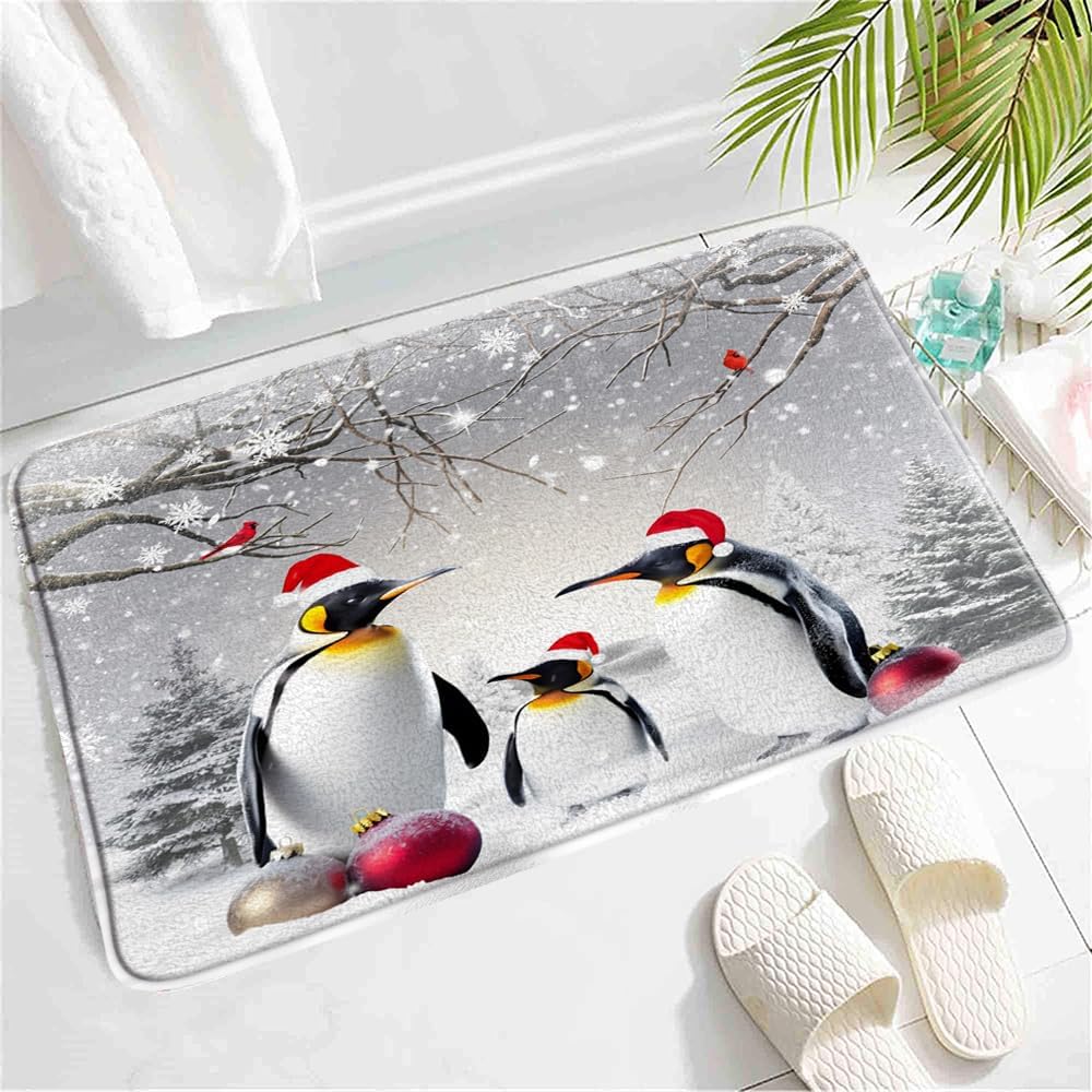 SATRTUD Christmas Penguin Bath Mat 24x16Inch