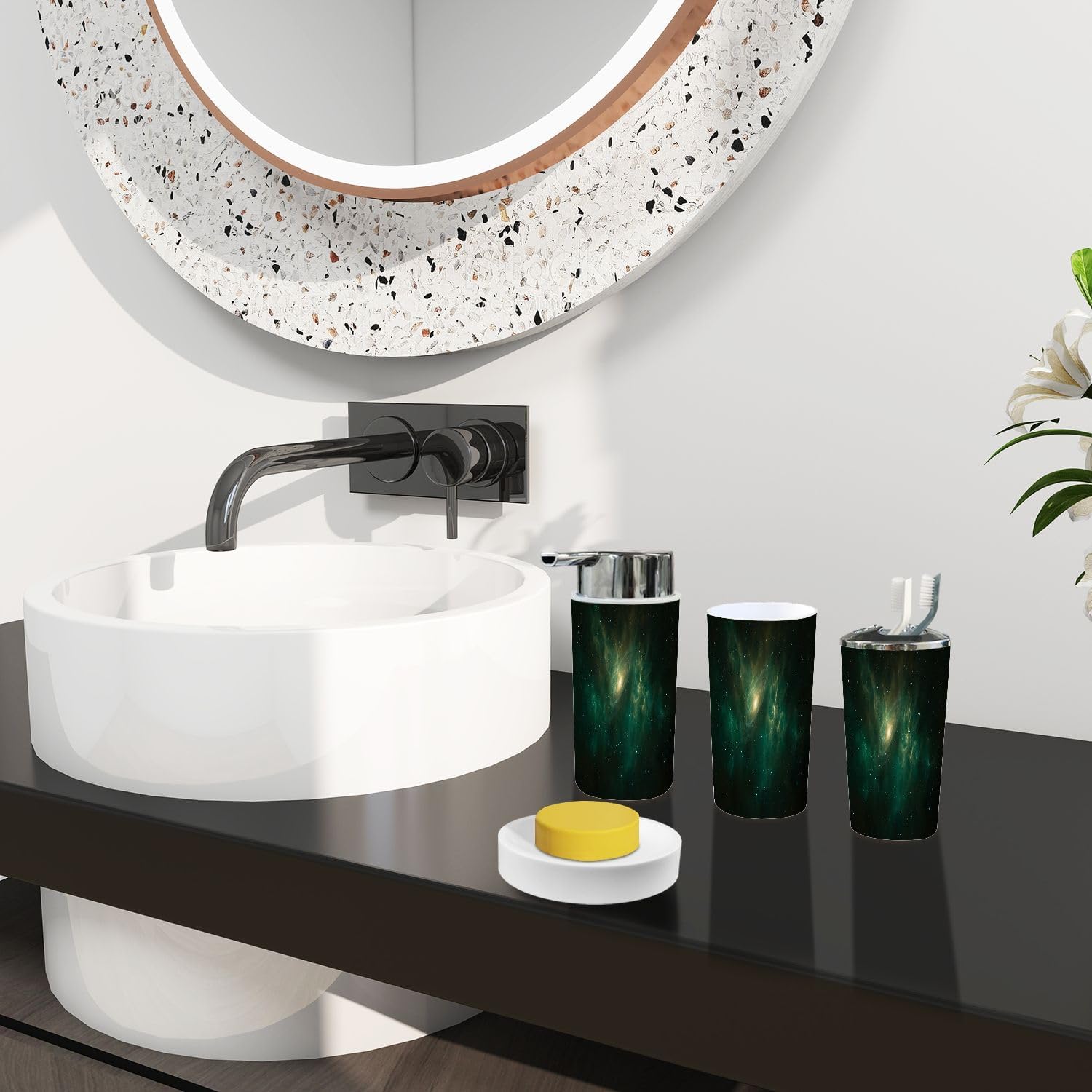Boho Bathroom Accessory Set with Fractal Nebula Design
