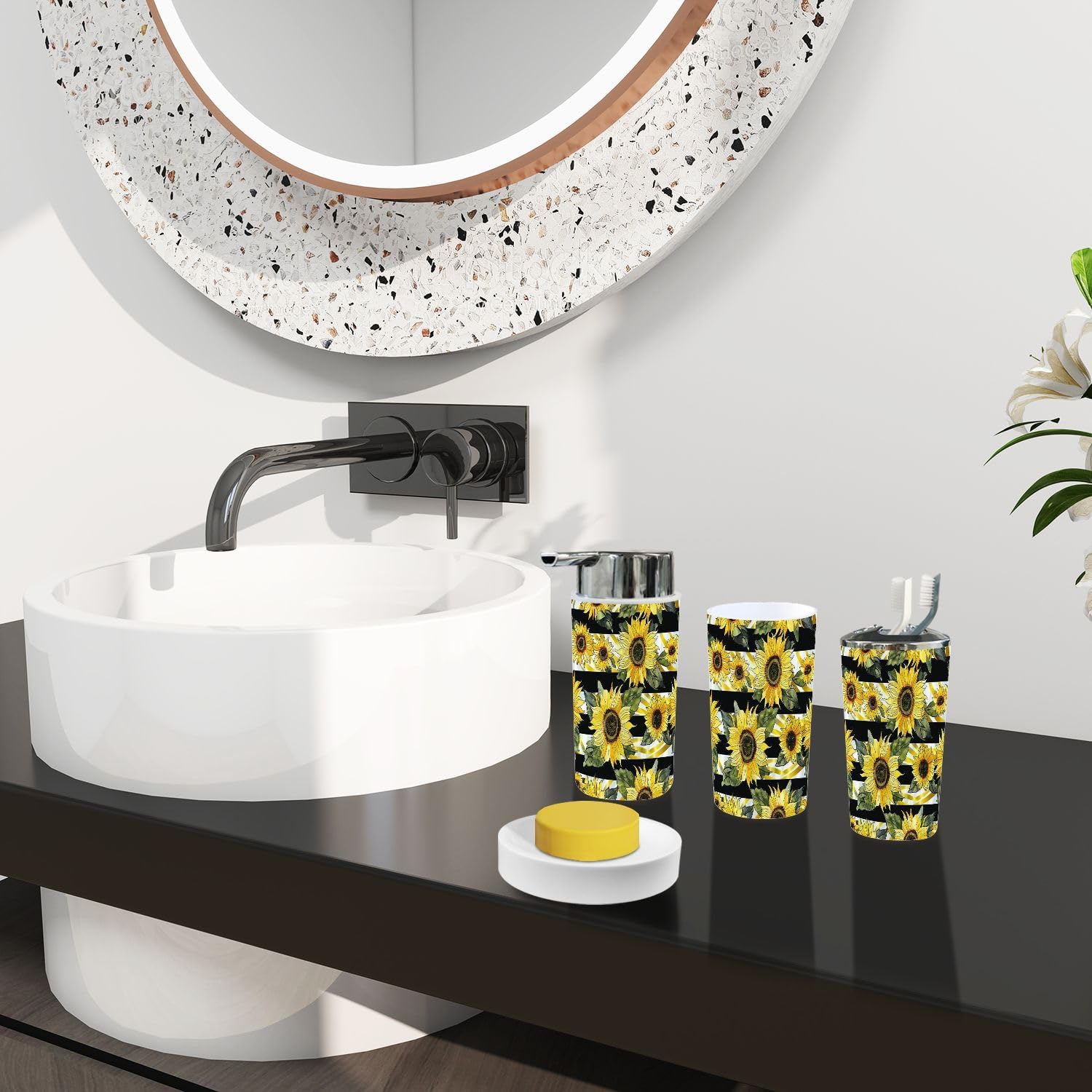 TRANQDEHOM 6-Piece Bathroom Accessory Set with Sunflowers Design