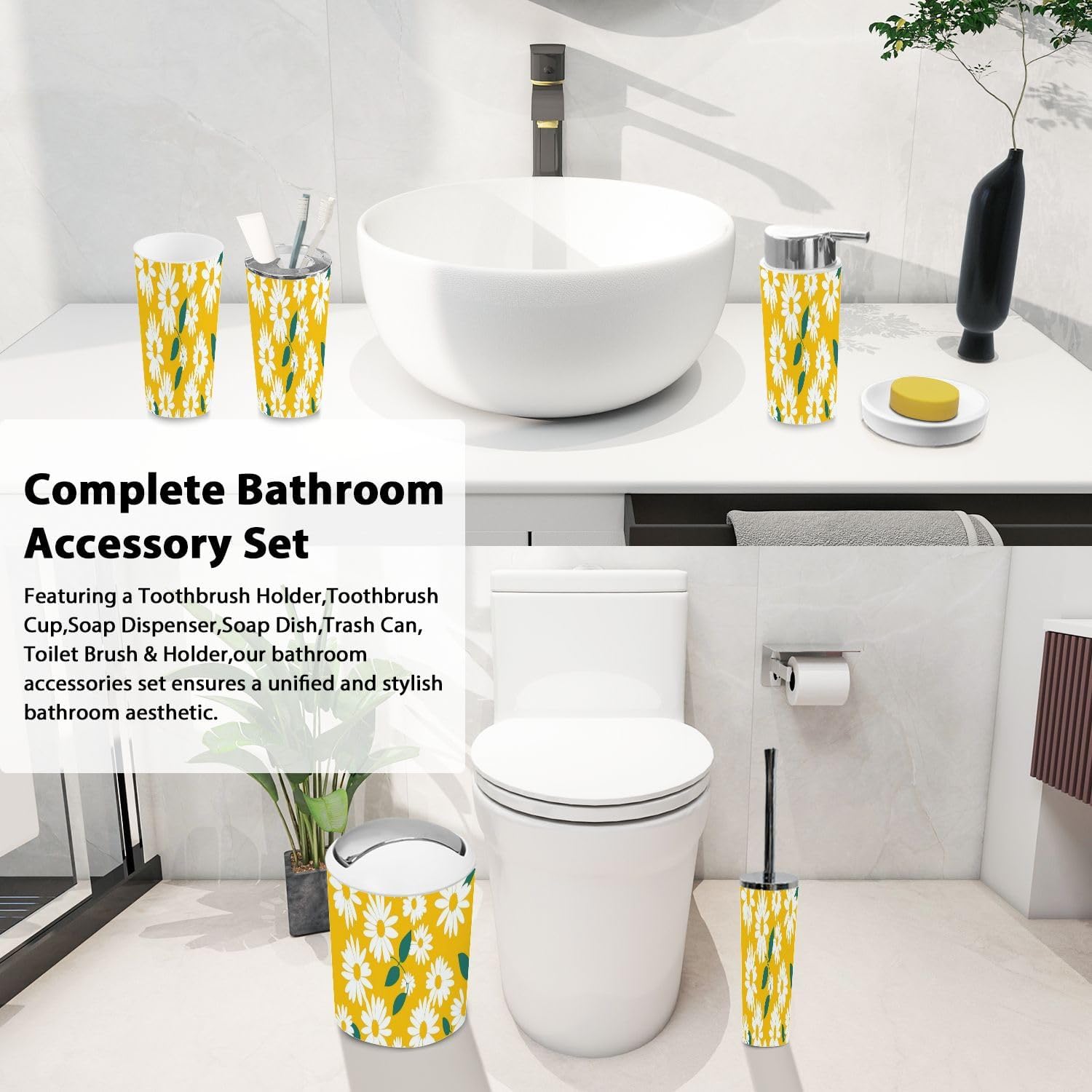 Boho Daisy Pattern 6-Piece Bath Accessories Set