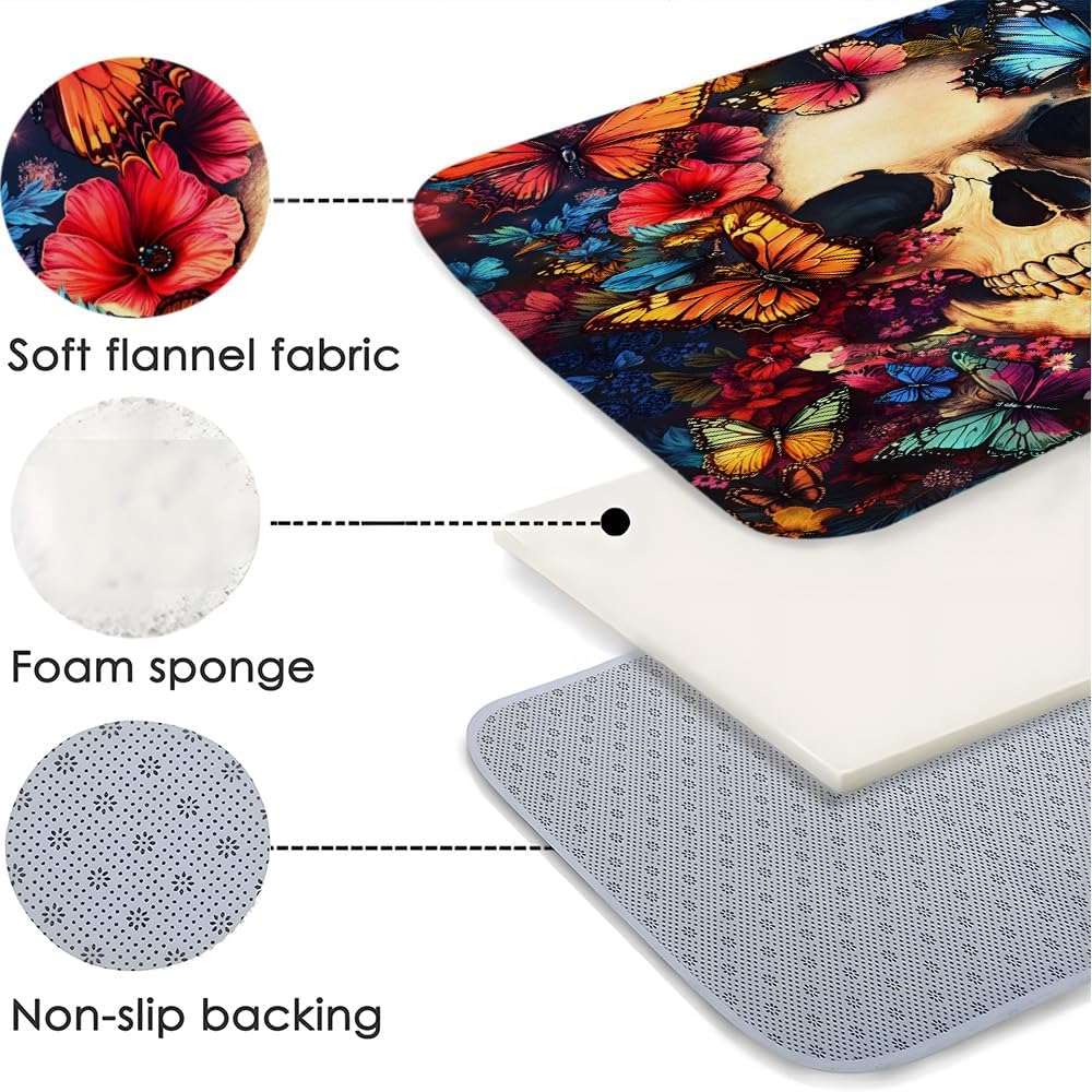 Gothic Skull Butterfly Bath Mat - Non-Slip Dark Floral Design