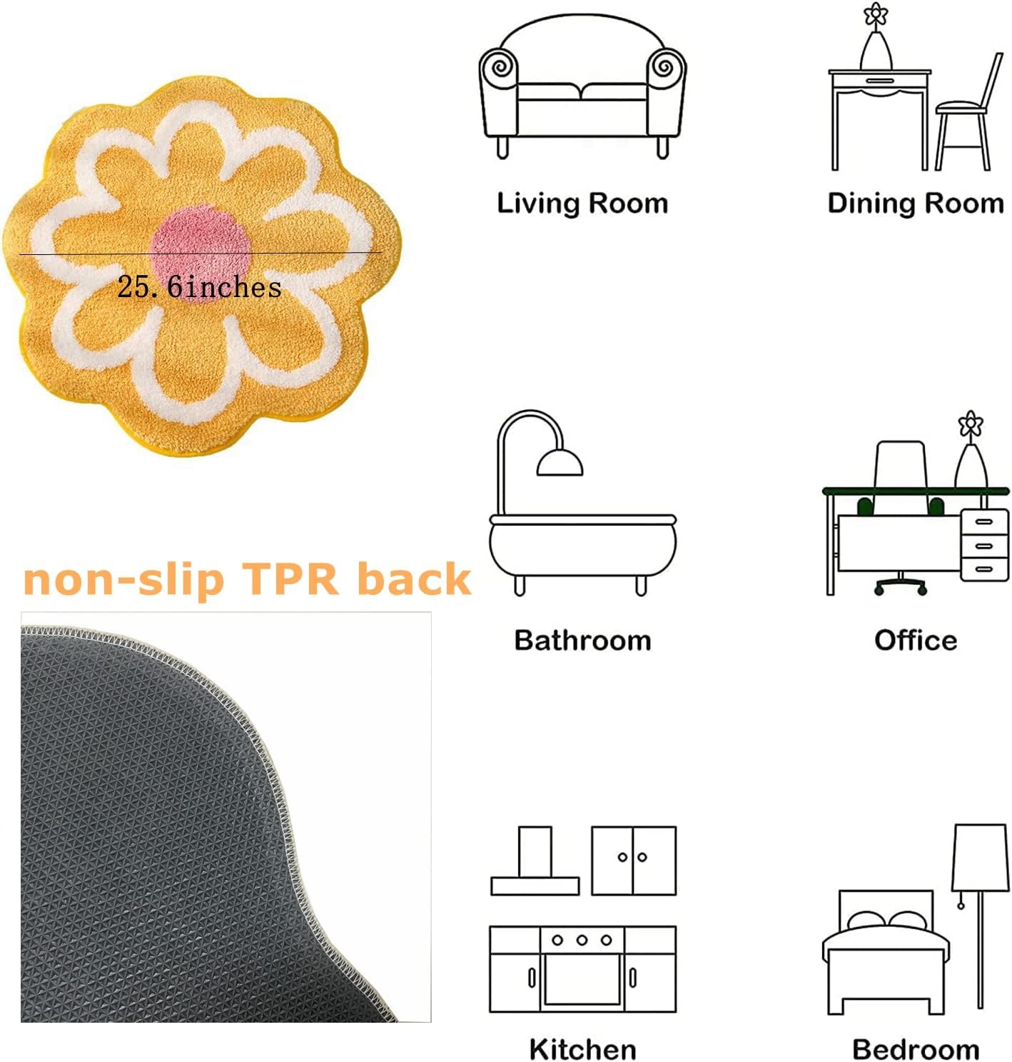 Benemall Cute Bath Flower Non-Slip Rug - Yellow Low Pile