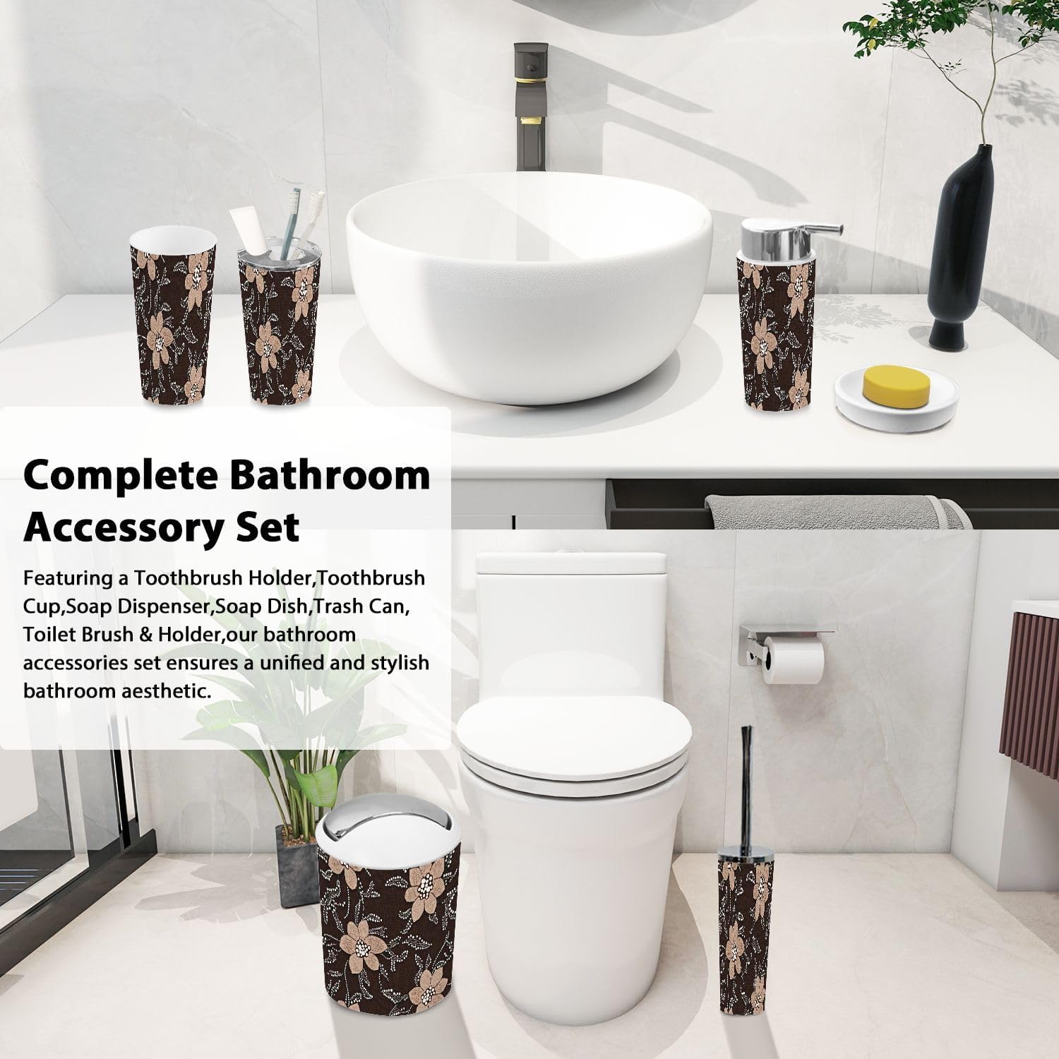 Boho Floral Print Bathroom Accessory Set 6 Piece 1
