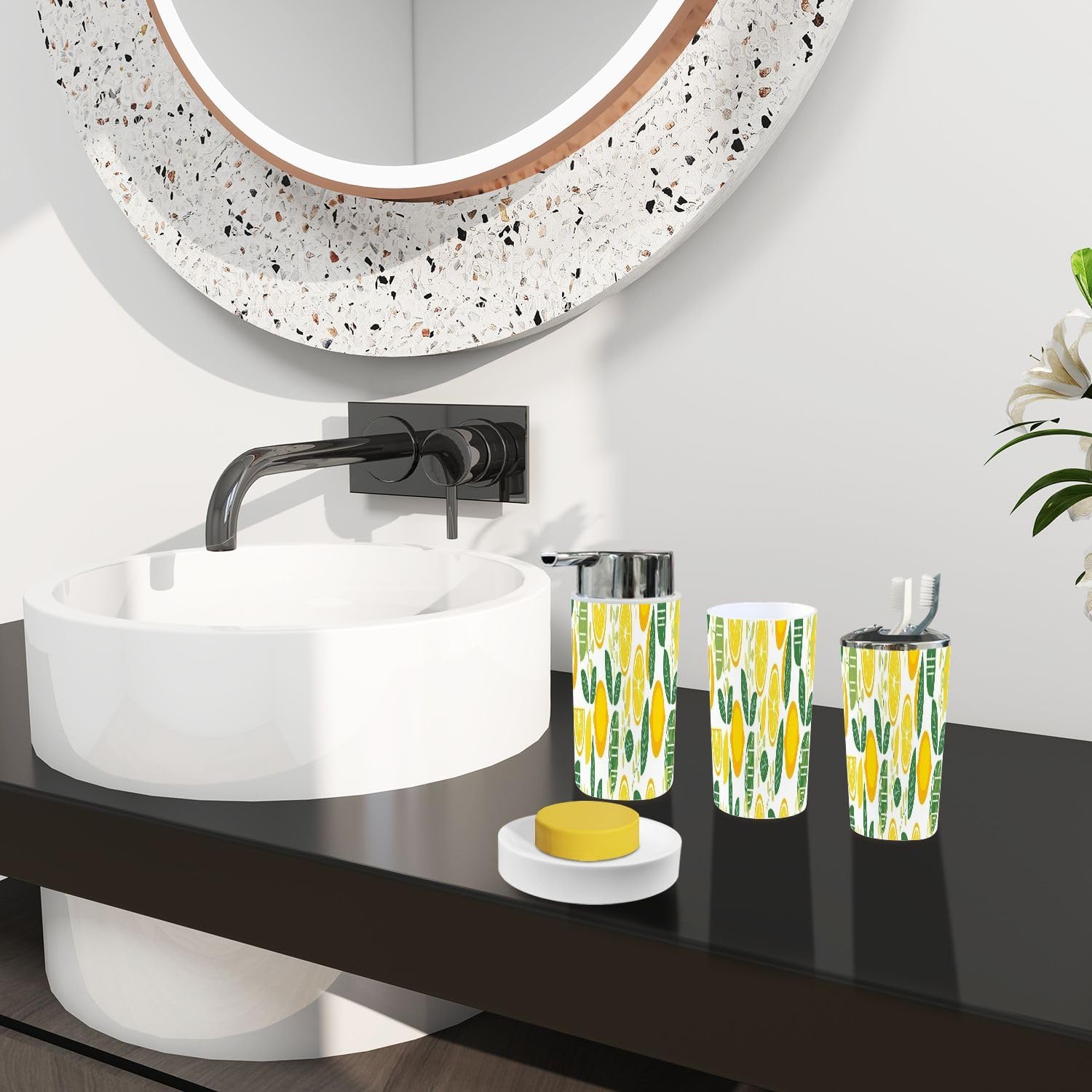 Boho Lemon Bathroom Accessory Set 6 Piece Modern