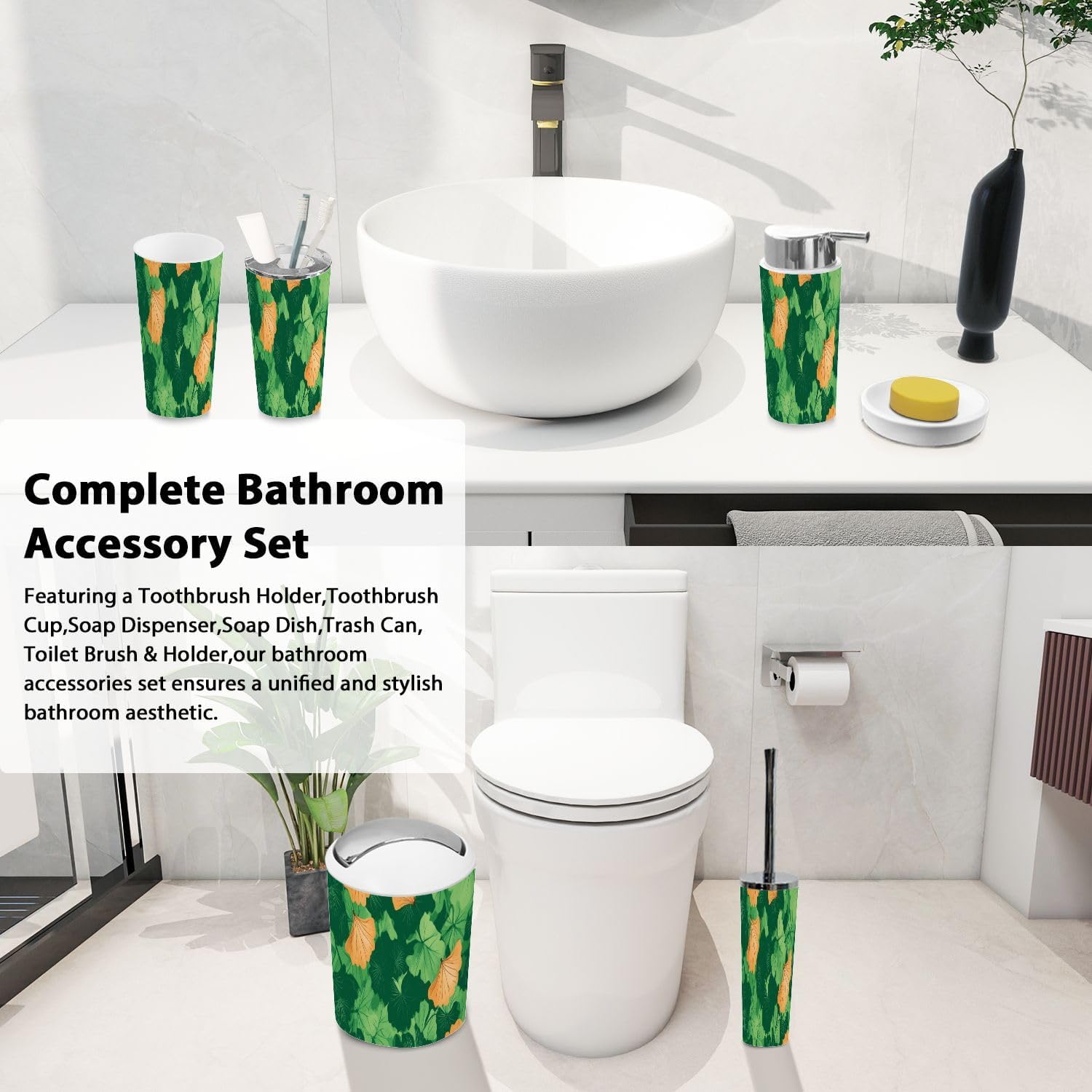 Boho Ginkgo Biloba Bathroom Accessory Set 6 Piece