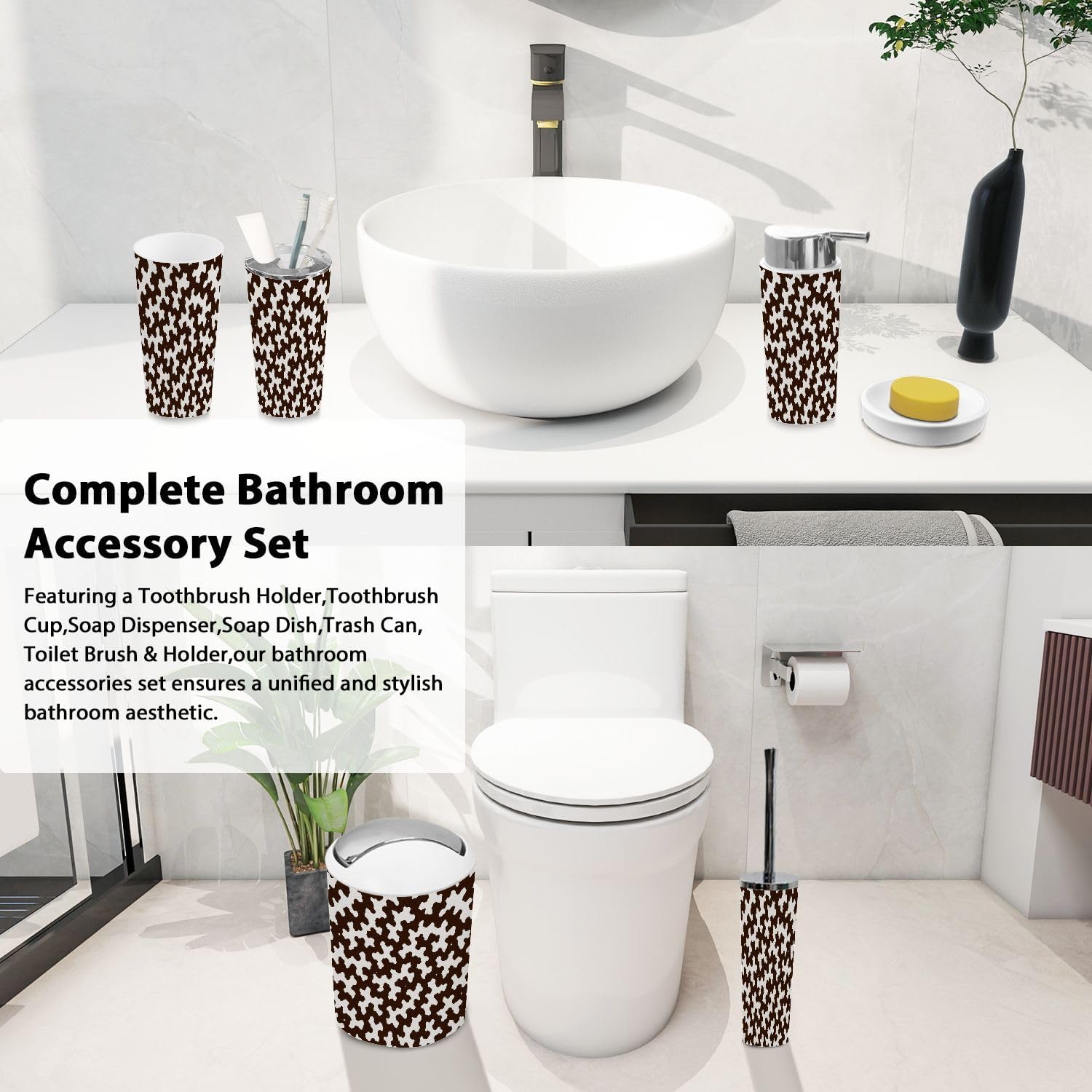 Boho Brown Cowhide Trash Can Set 6 Piece Bathroom Accessories