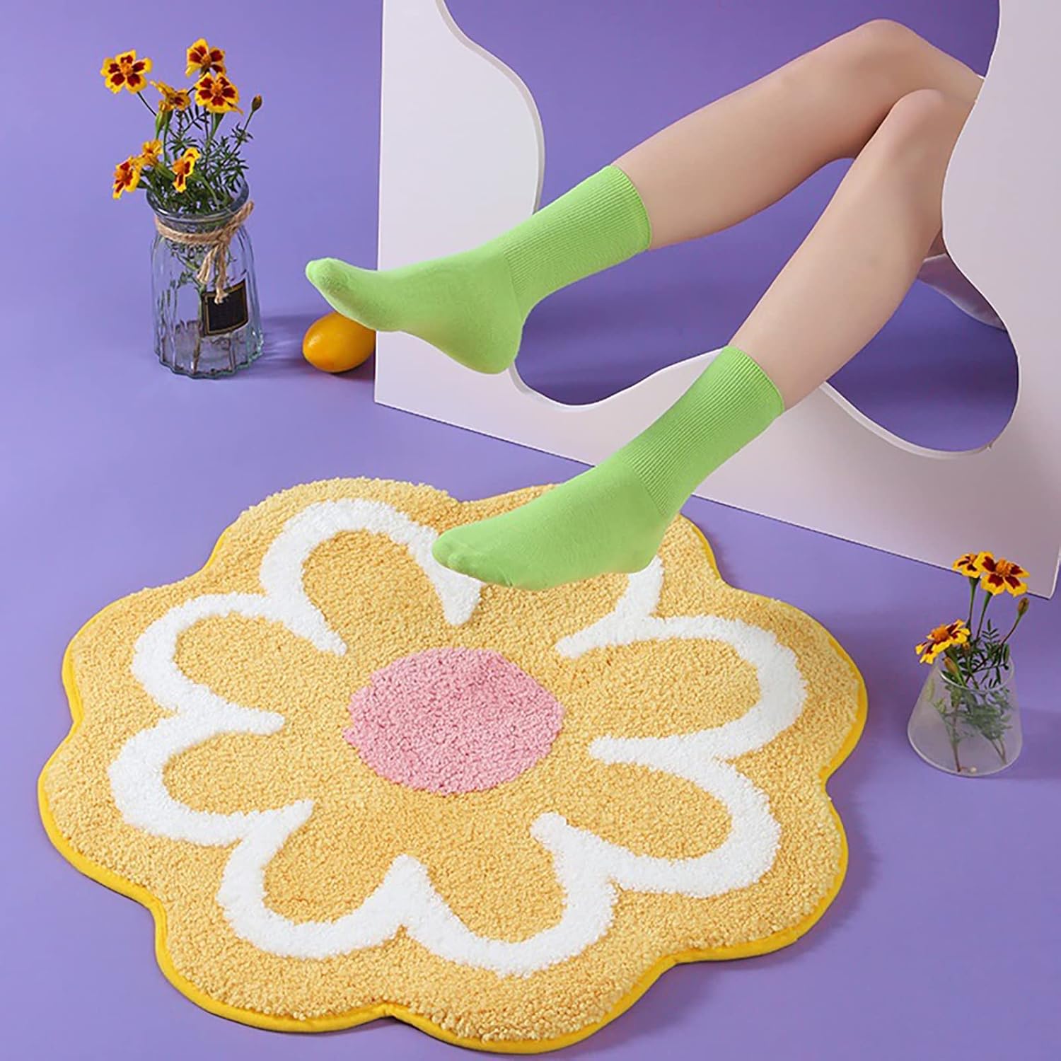 Cute Daisy Bath Mat Rug - Non Slip Absorbent Washable Blue