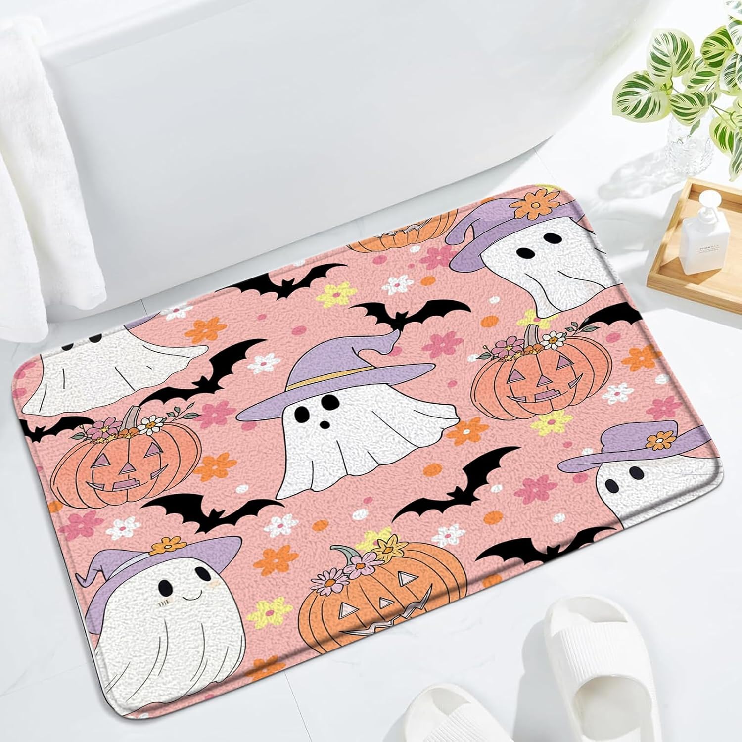 Spooky Halloween Ghost Bath Mat Pink Boho Cute