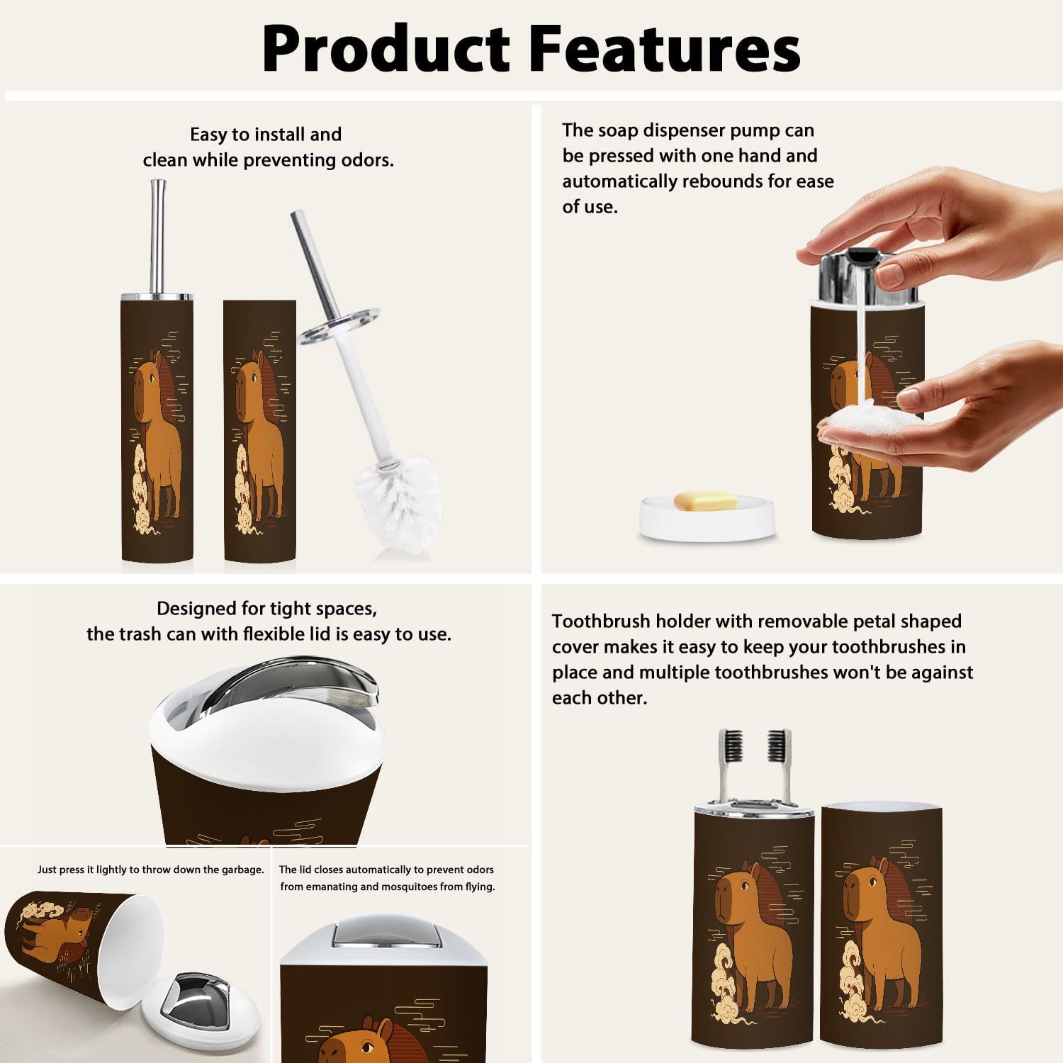 Boho Capybara Bathroom Accessory Set 6 Piece