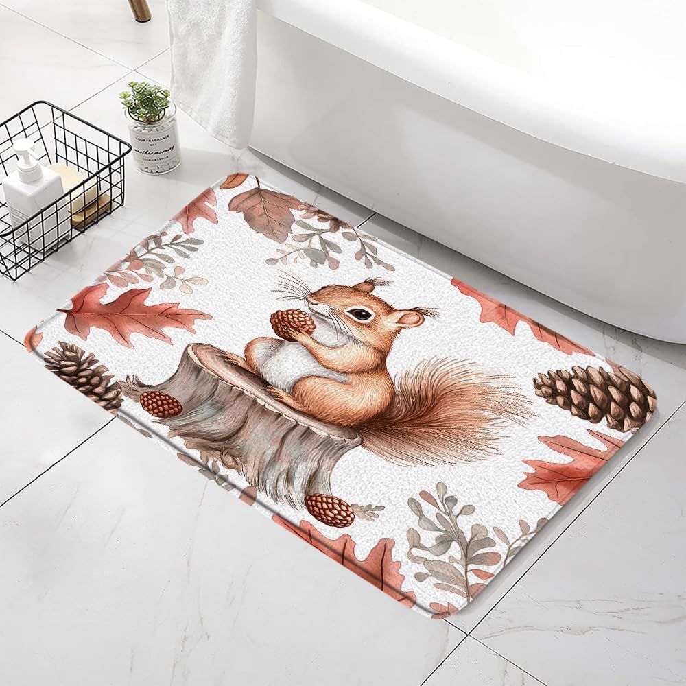 Fall Squirrel Bath Mat with Non-Slip Backing