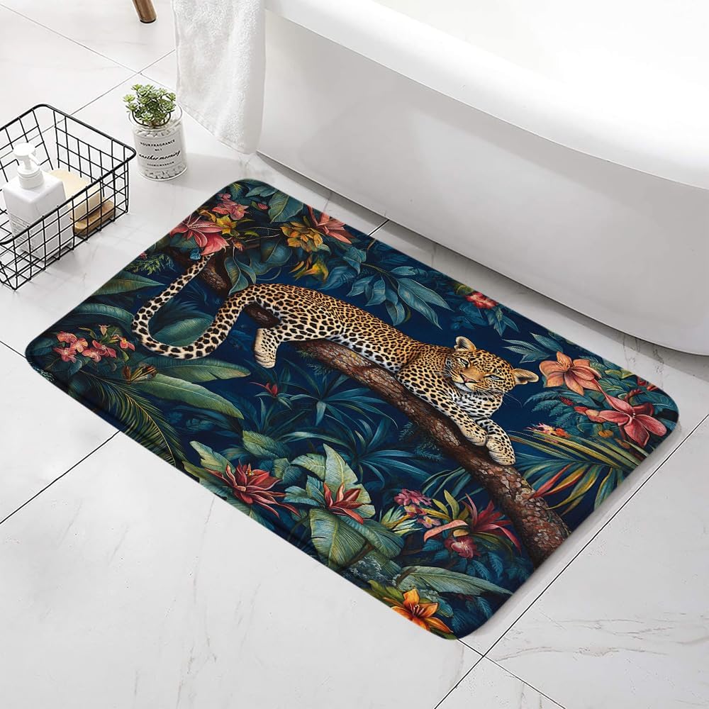 Tropical Jungle Leopard Bath Mat - Exotic Floral Design 1