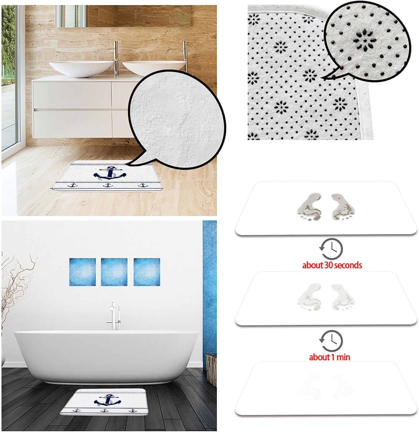 Nautical Anchor Bath Mat Navy Blue White Striped