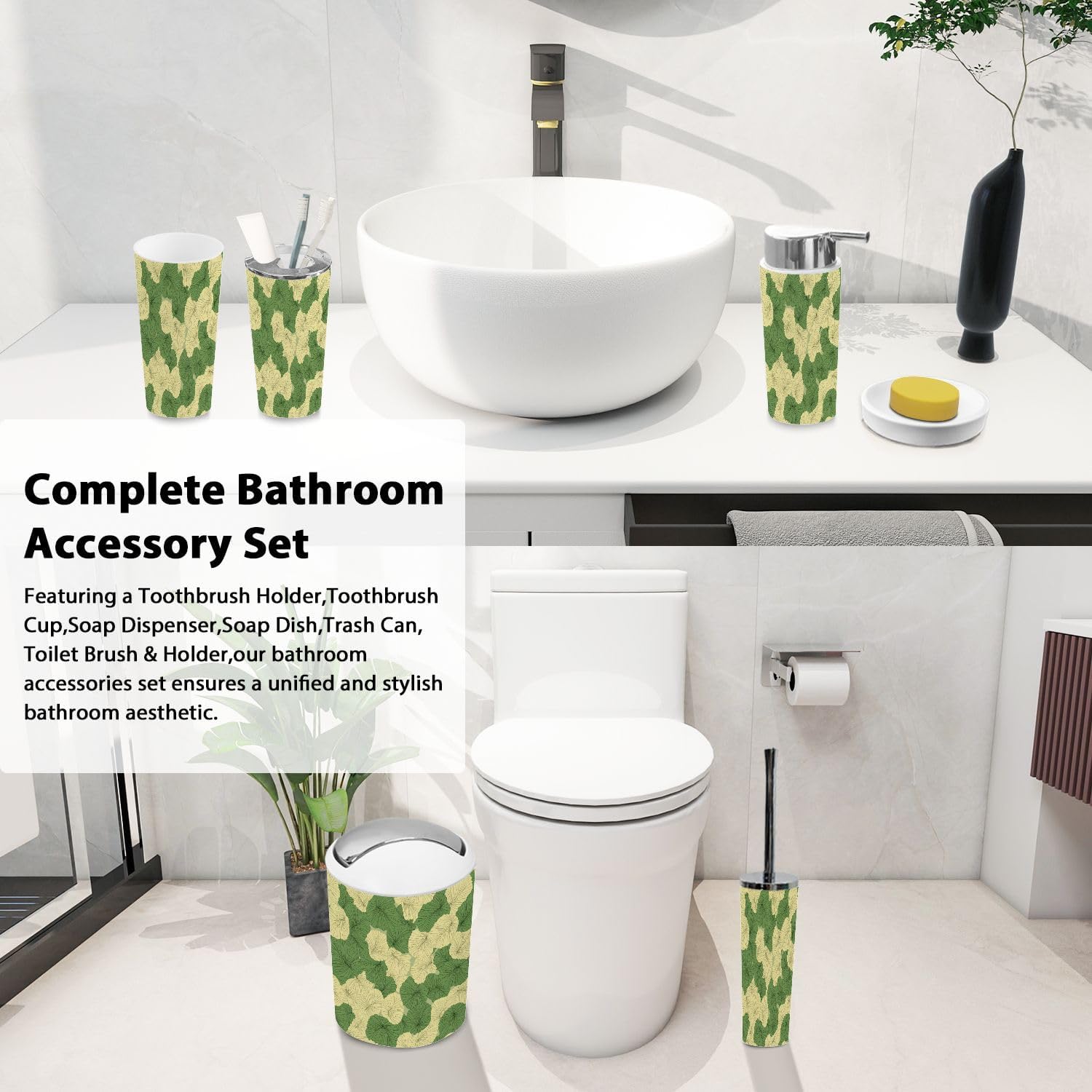 Boho Japanese Green Ginkgo Leaf 6-Piece Bathroom Accessory Set