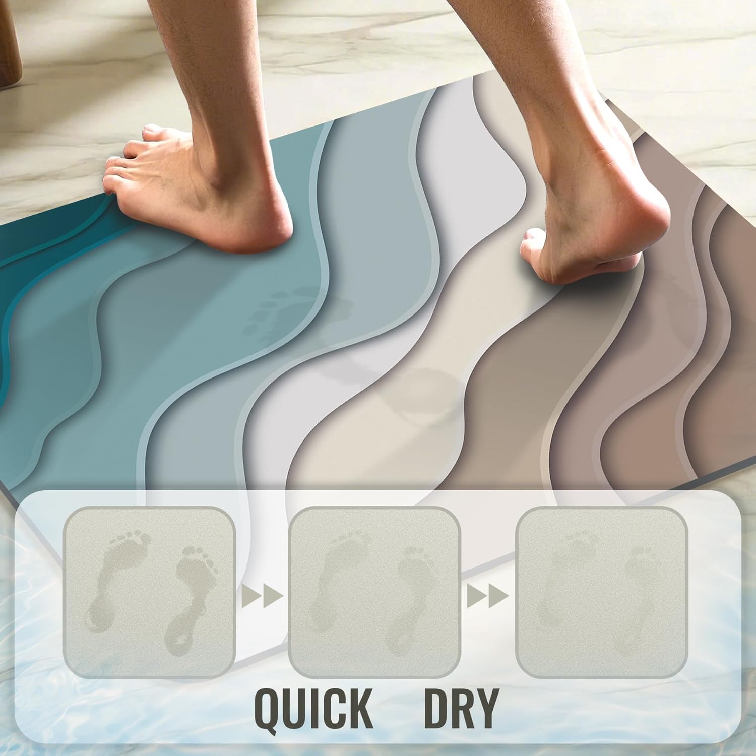 Teal Blue Geometric Bath Rug - Non Slip Quick Dry 16x24