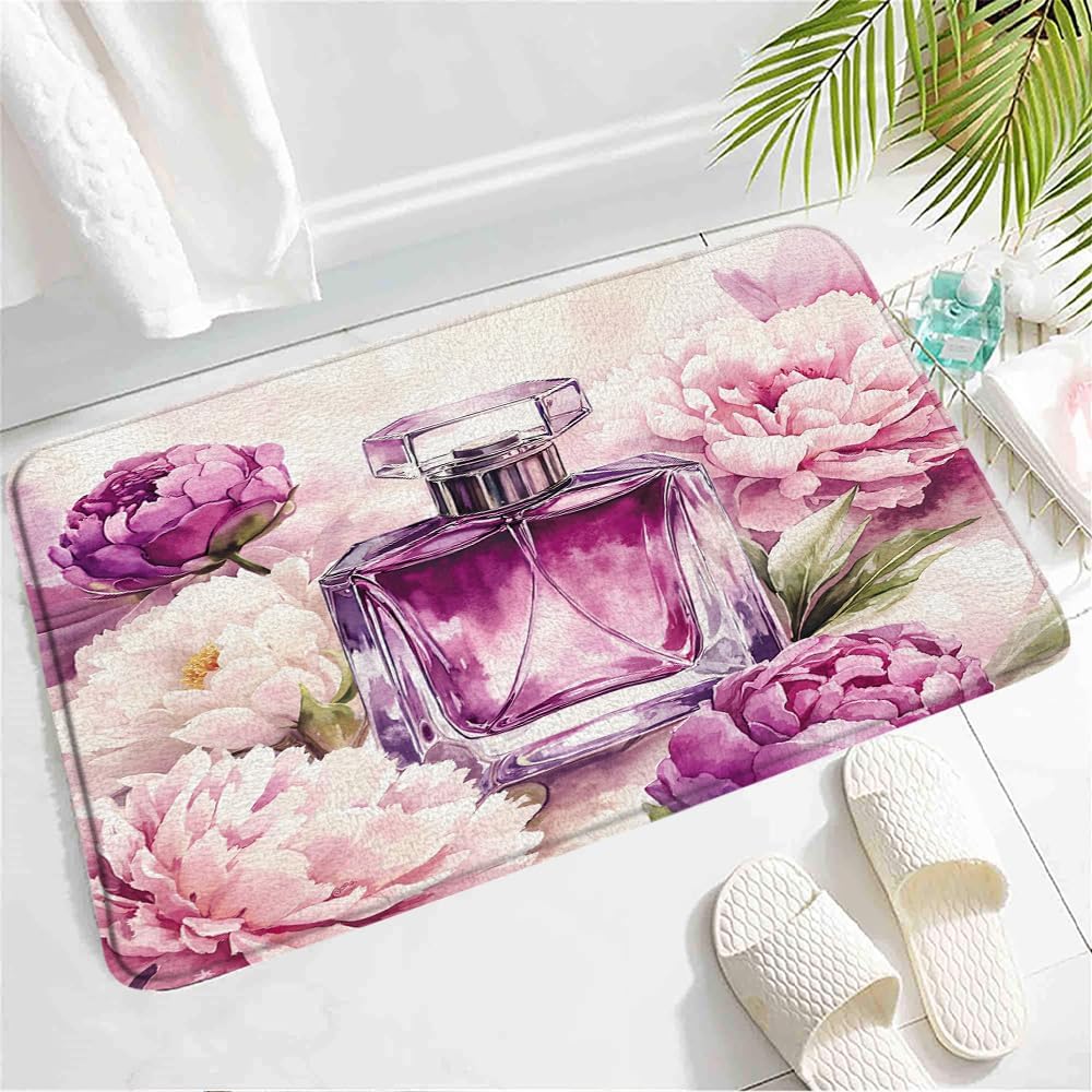 Floral Perfume Bottle Bath Mat - Purple Pink Peony Design
