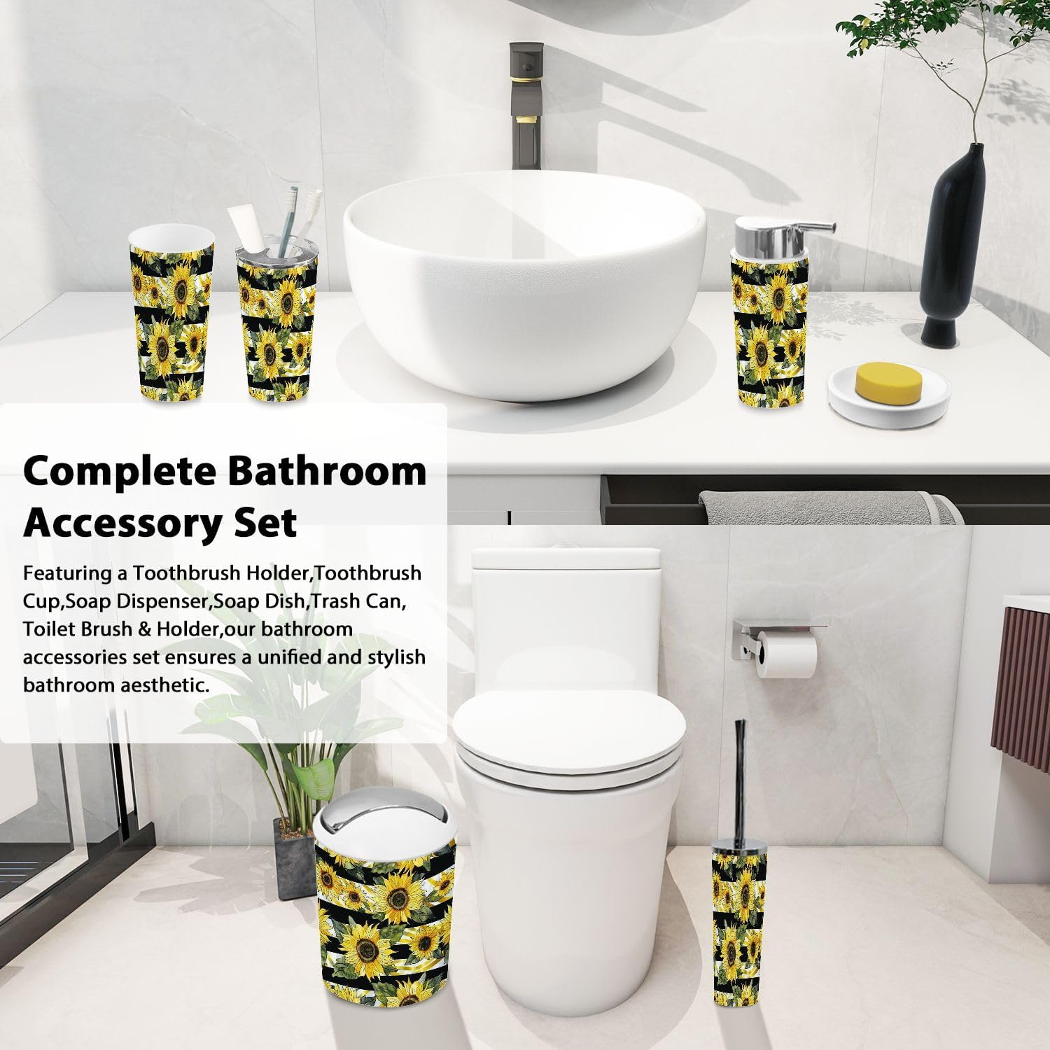 TRANQDEHOM 6-Piece Bathroom Accessory Set with Sunflowers Design