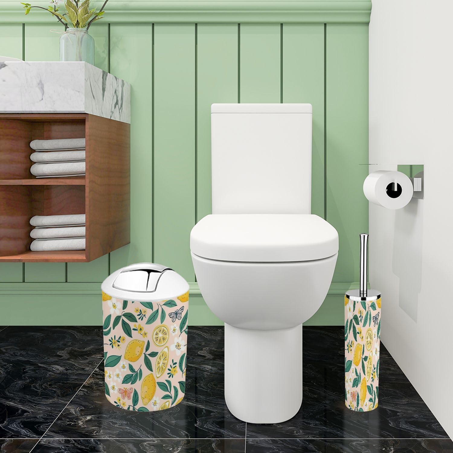6-Piece Boho Bathroom Accessory Set with Lemons Flowers and Butterflies Design