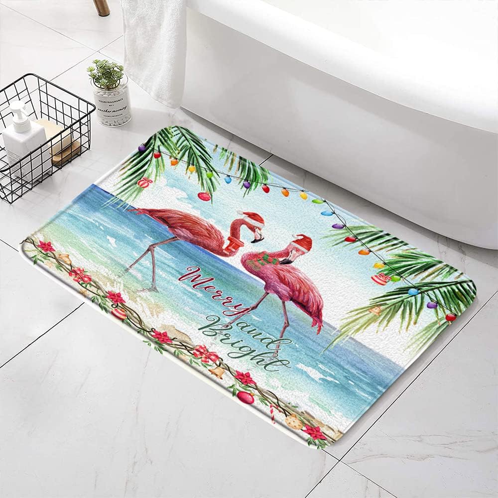 SATRTUD Pink Christmas Flamingo Bath Mat