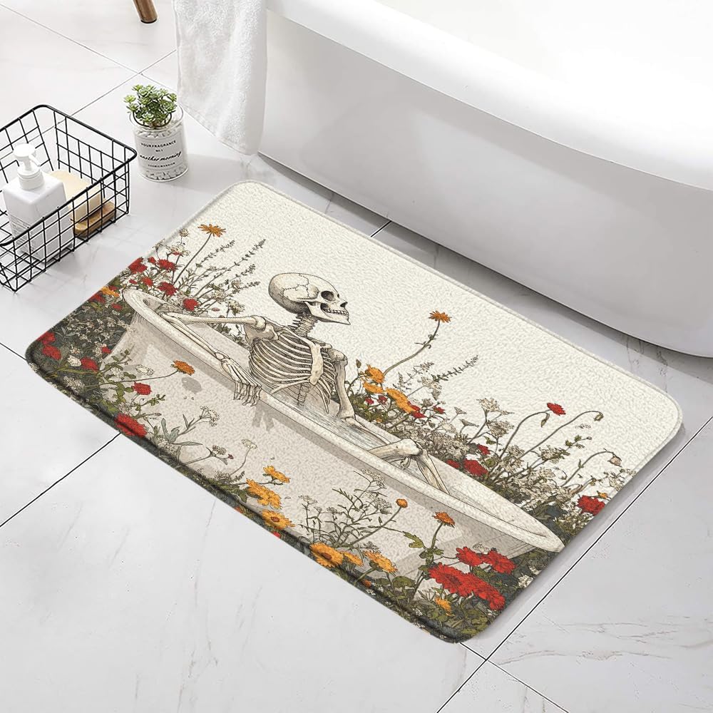 Funny Skull Floral Bath Mat with Non-Slip Backing