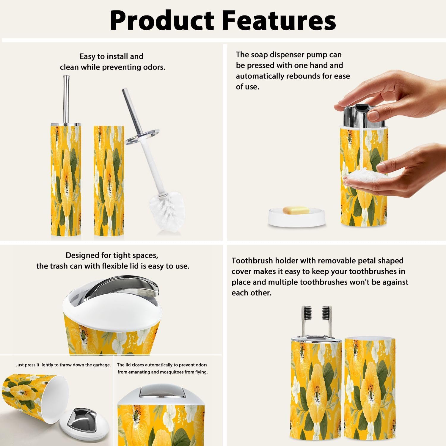 TRANQDEHOM 6-Piece Boho Floral Bathroom Accessory Set