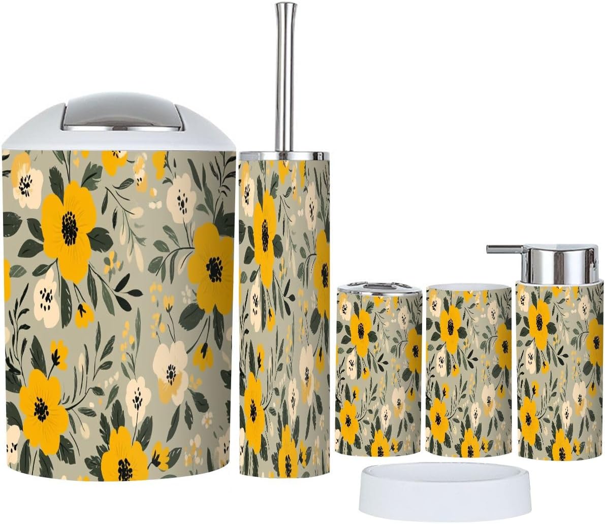 Boho Floral Yellow Bathroom Accessory Set 6 Piece