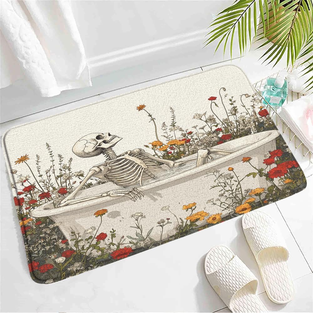 Funny Skull Floral Bath Mat with Non-Slip Backing