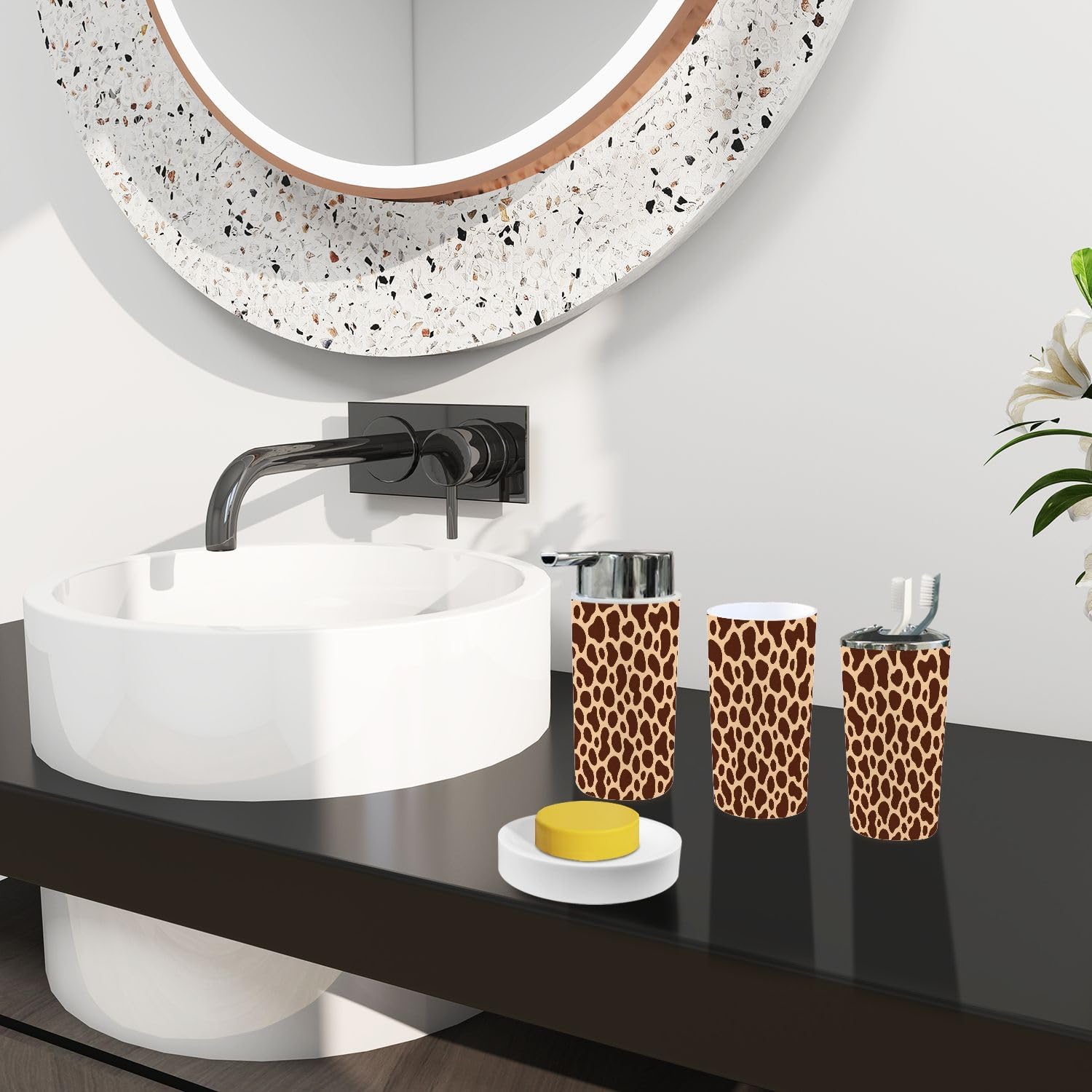 TRANQDEHOM 6 Piece Bathroom Accessory Set with Cow Texture