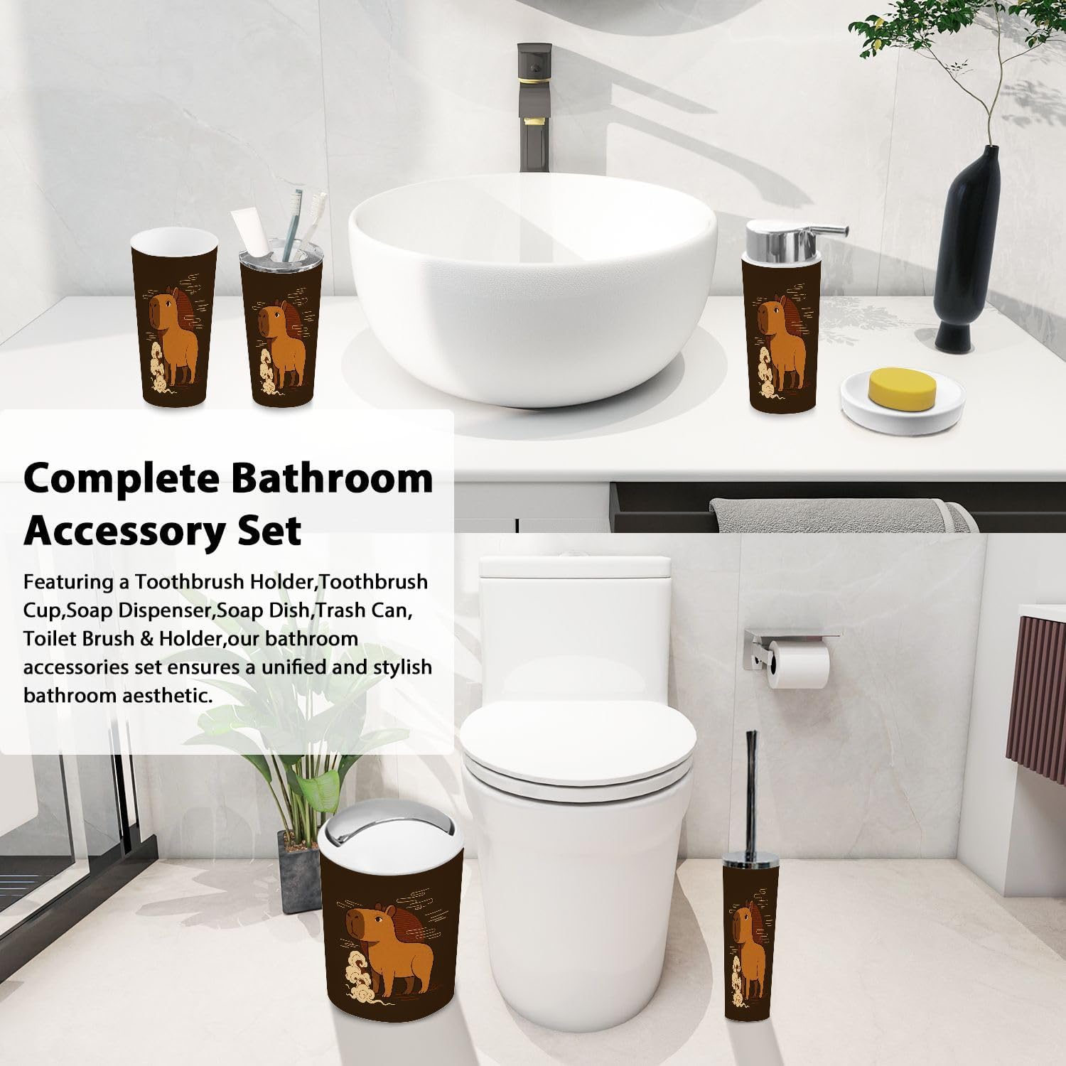 Boho Capybara Bathroom Accessory Set 6 Piece