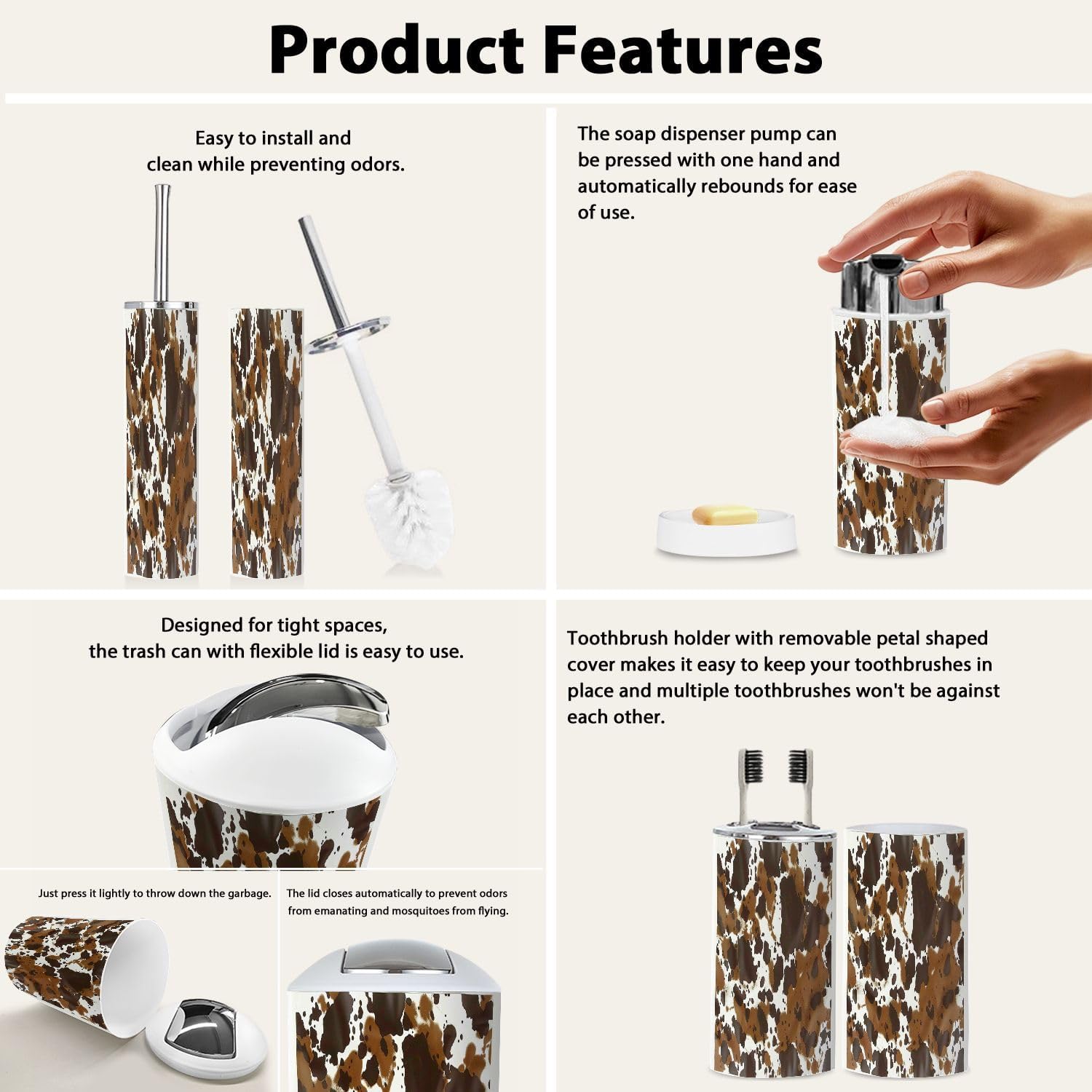 Boho Cow Leather Bathroom Accessory Set of 6