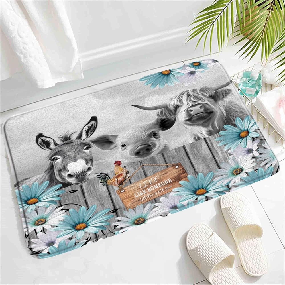 SATRTUD Farmhouse Animal Bath Mat - Rustic Teal Daisy Design