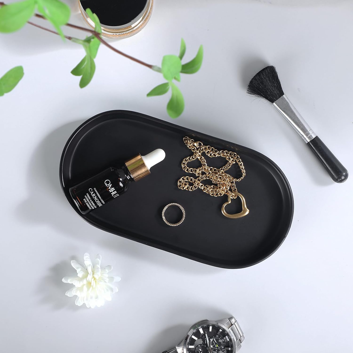 Eyrozia 2 Pack Matte Black Soap Dispenser Tray - 8 Ceramic Vanity Organizer Set