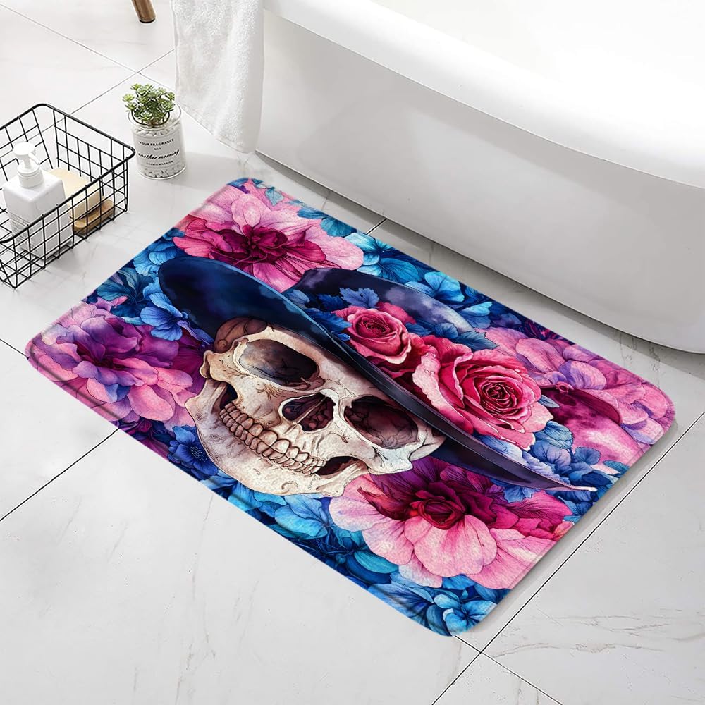 Floral Skull Bath Mat with Non-Slip Backing