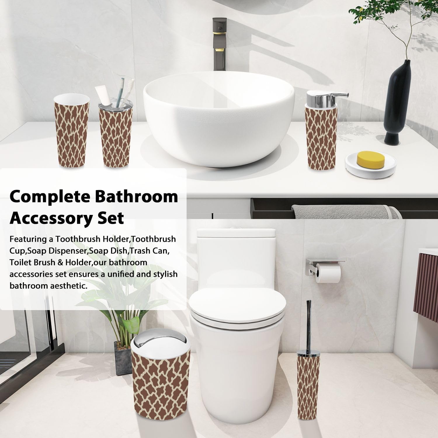 Boho Cow Print Bathroom Accessory Set 6 Piece 1