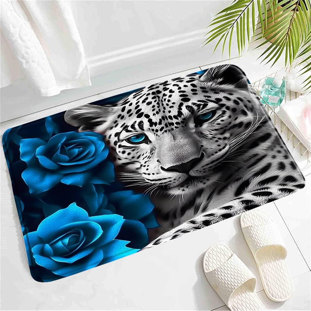 SATRTUD Blue Rose Leopard Bath Mat - 30x18 Inch Non-Slip Waterproof Rug