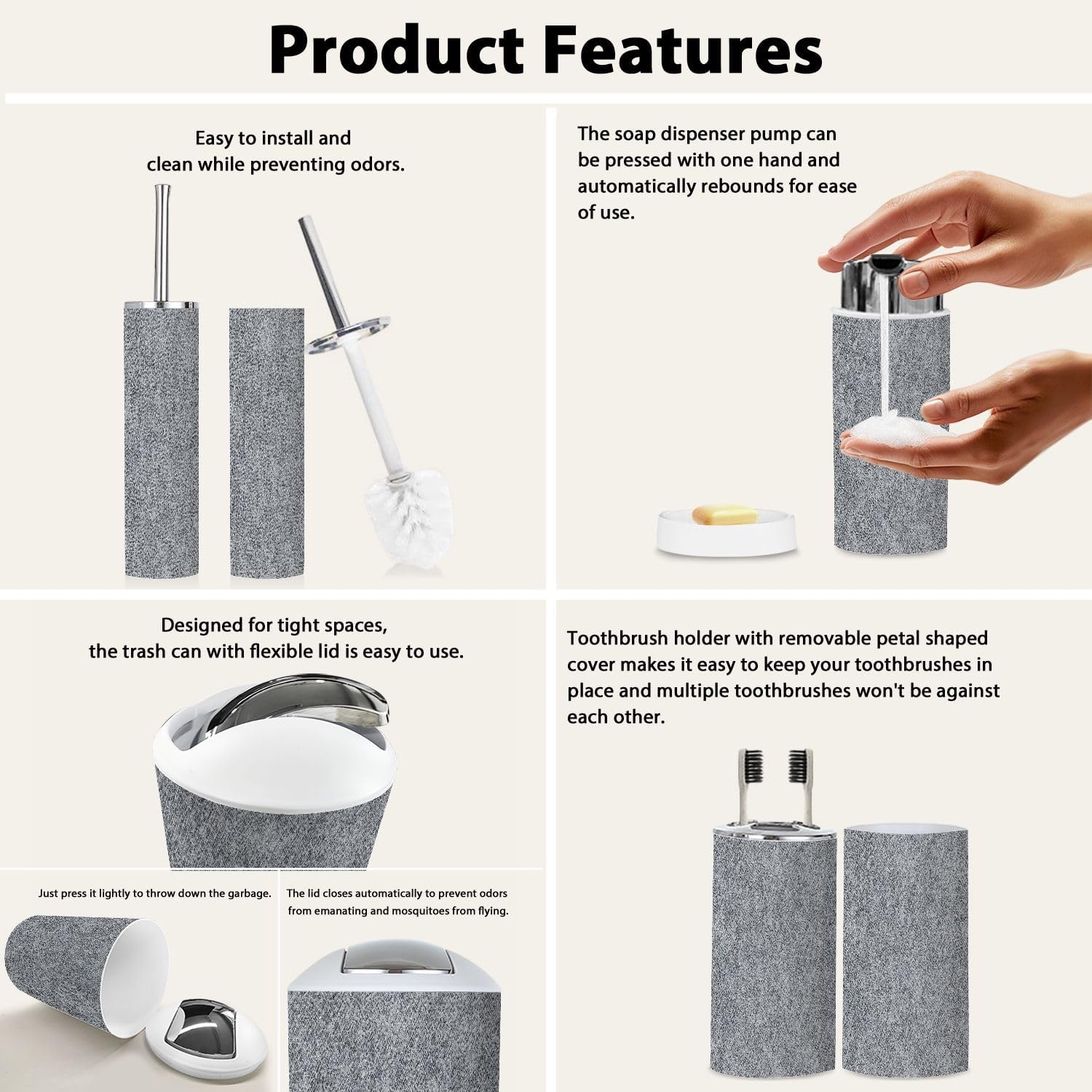 TRANQDEHOM 6-Piece Boho Black Denim Texture Bathroom Accessory Set