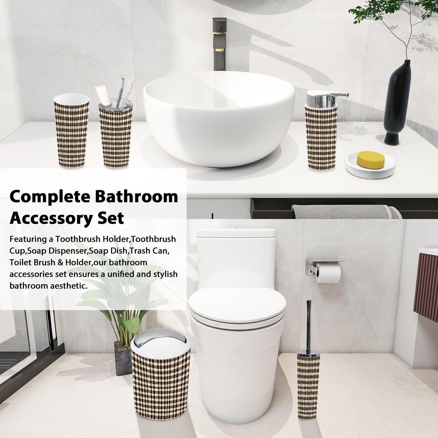 Boho 6-Piece Bathroom Accessory Set in Brown Houndstooth