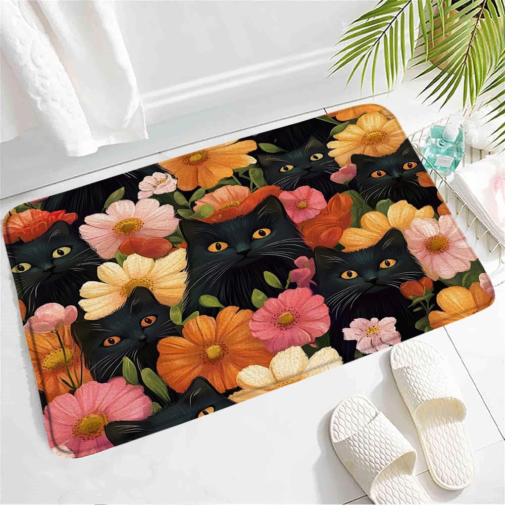 Funny Cat Bath Mat with Daisy Design 24x16Inch