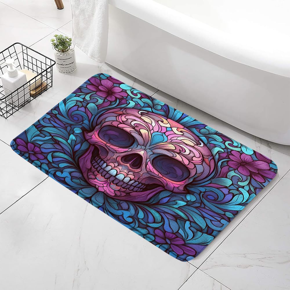 Gothic Skull Bath Mat with Pink Blue Floral Design
